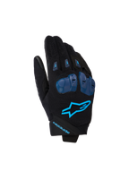 Alpinestars SP X 1 Gloves, Motorcycle Racing Gloves, Black and Blithe Blue, featuring blue TPR knuckle protectors, bright blue star logo on backhand, stretch fabric construction, sleek sport design with performance-focused details