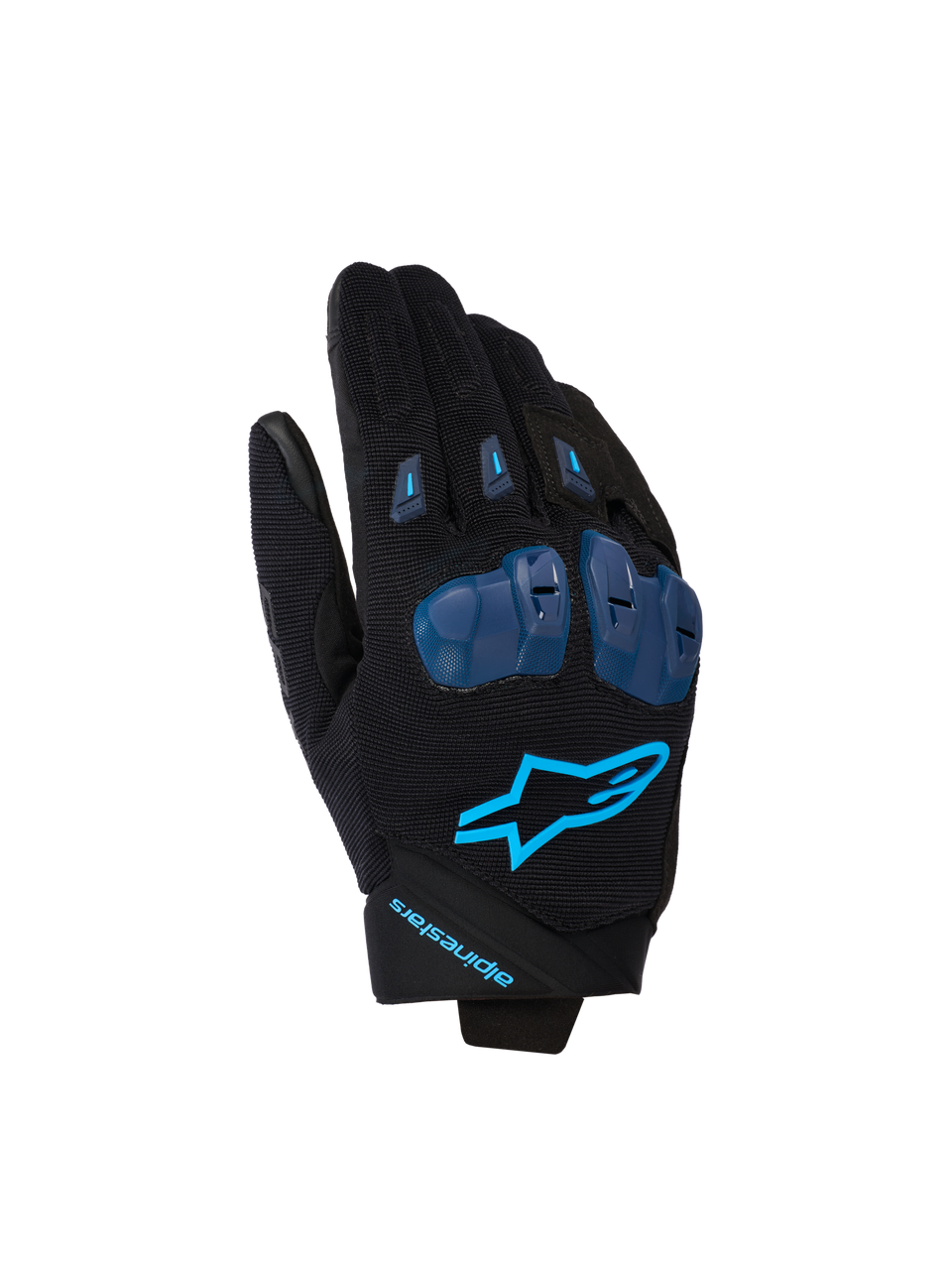 Alpinestars SP X 1 handskar, motorcykelhandskar för racing, svarta och Blithe Blue, med blå TPR-knogskydd, ljusblå stjärnlogotyp på ovansidan, konstruktion i stretchmaterial, smidig sportdesign med prestandafokuserade detaljer