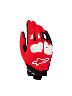 Alpinestars SP X 1 handskar, sportiga motorcykelhandskar, klarröda, svarta och vita, med vita TPR-knogskydd, ovansida i texturerat rött tyg med vit Astars-logotyp och kort svart manschett, högpresterande körutrustning