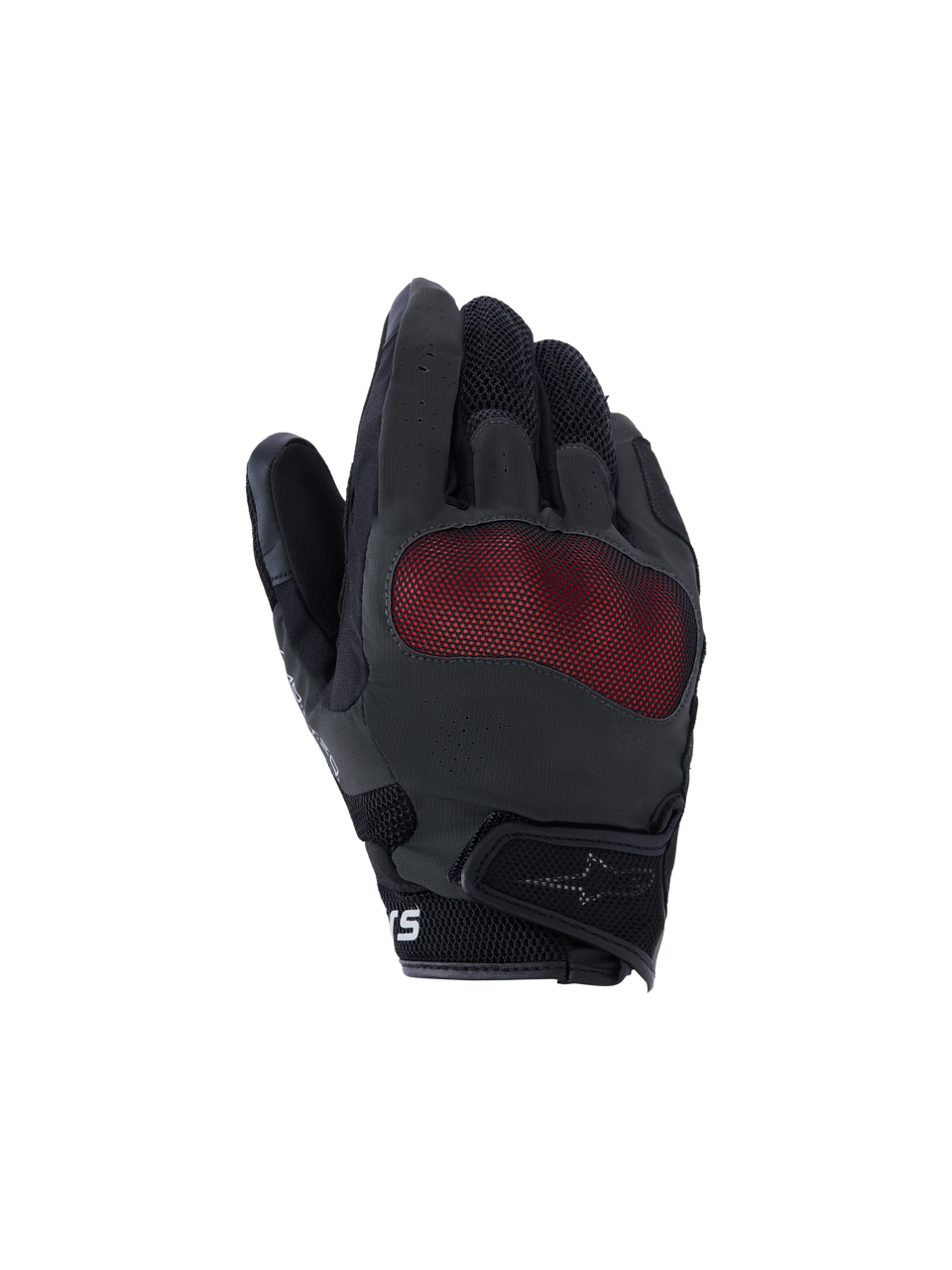 Alpinestars Mogress Airflow-handskar, motorcykelhandskar, svarta och röda, vy av handryggen med rött knogskydd i mesh, 3D-ventilerande meshpaneler, kort manschett med kardborreband, urban körstil
