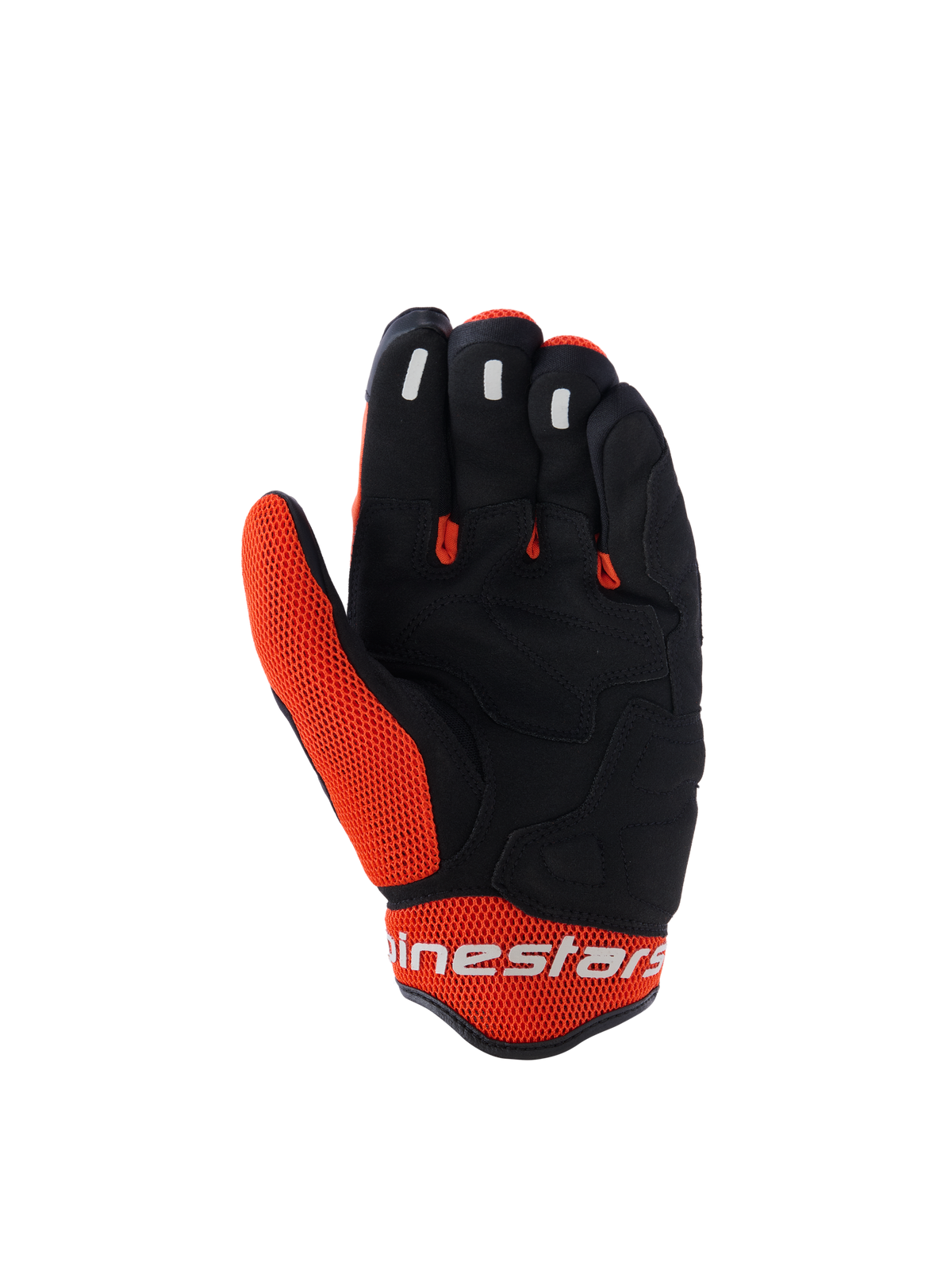 Alpinestars Mogress Airflow-handskar, motorcykelhandskar, svarta och orangea, vy av handflatan med svart syntetisk konstruktion och orangea meshinsatser, silikongrepp på fingertopparna, vit Alpinestars-logotyp på manschetten, urban design för sommarkörning