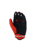 Alpinestars Mogress Airflow-handskar, motorcykelhandskar, svarta och orangea, vy av handflatan med svart syntetisk konstruktion och orangea meshinsatser, silikongrepp på fingertopparna, vit Alpinestars-logotyp på manschetten, urban design för sommarkörning