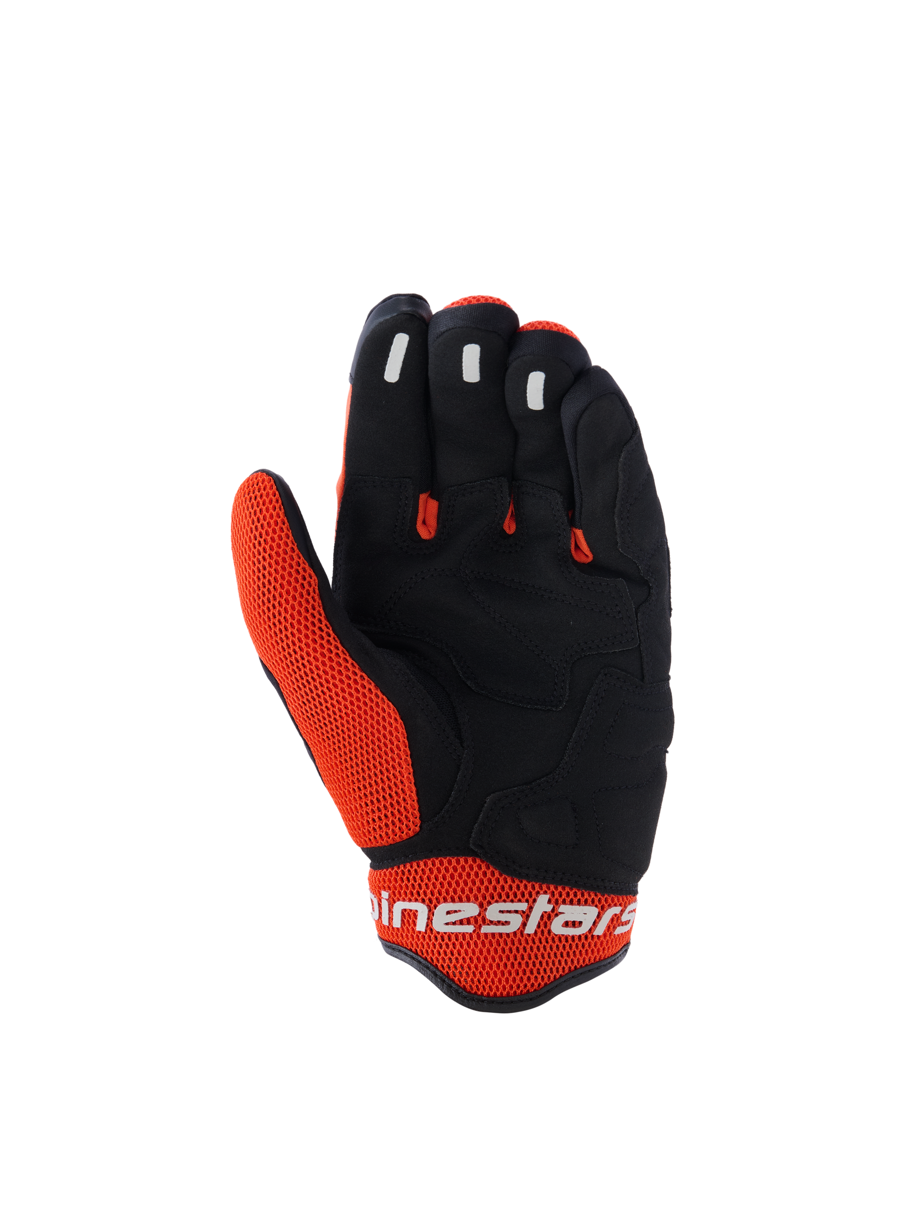 Alpinestars Mogress Airflow-handskar, motorcykelhandskar, svarta och orangea, vy av handflatan med svart syntetisk konstruktion och orangea meshinsatser, silikongrepp på fingertopparna, vit Alpinestars-logotyp på manschetten, urban design för sommarkörning