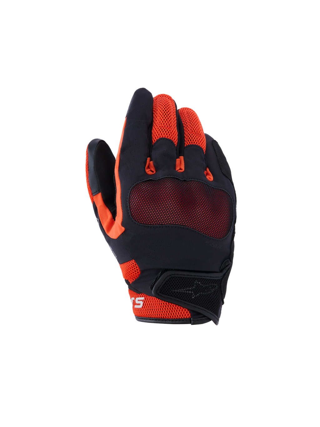 Alpinestars Mogress Airflow-handskar, MC-handskar för stadskörning, svarta, röda och orange, med andningsbar 3D-mesh-konstruktion, synligt knogskydd och kort manschett med kardborre-stängning