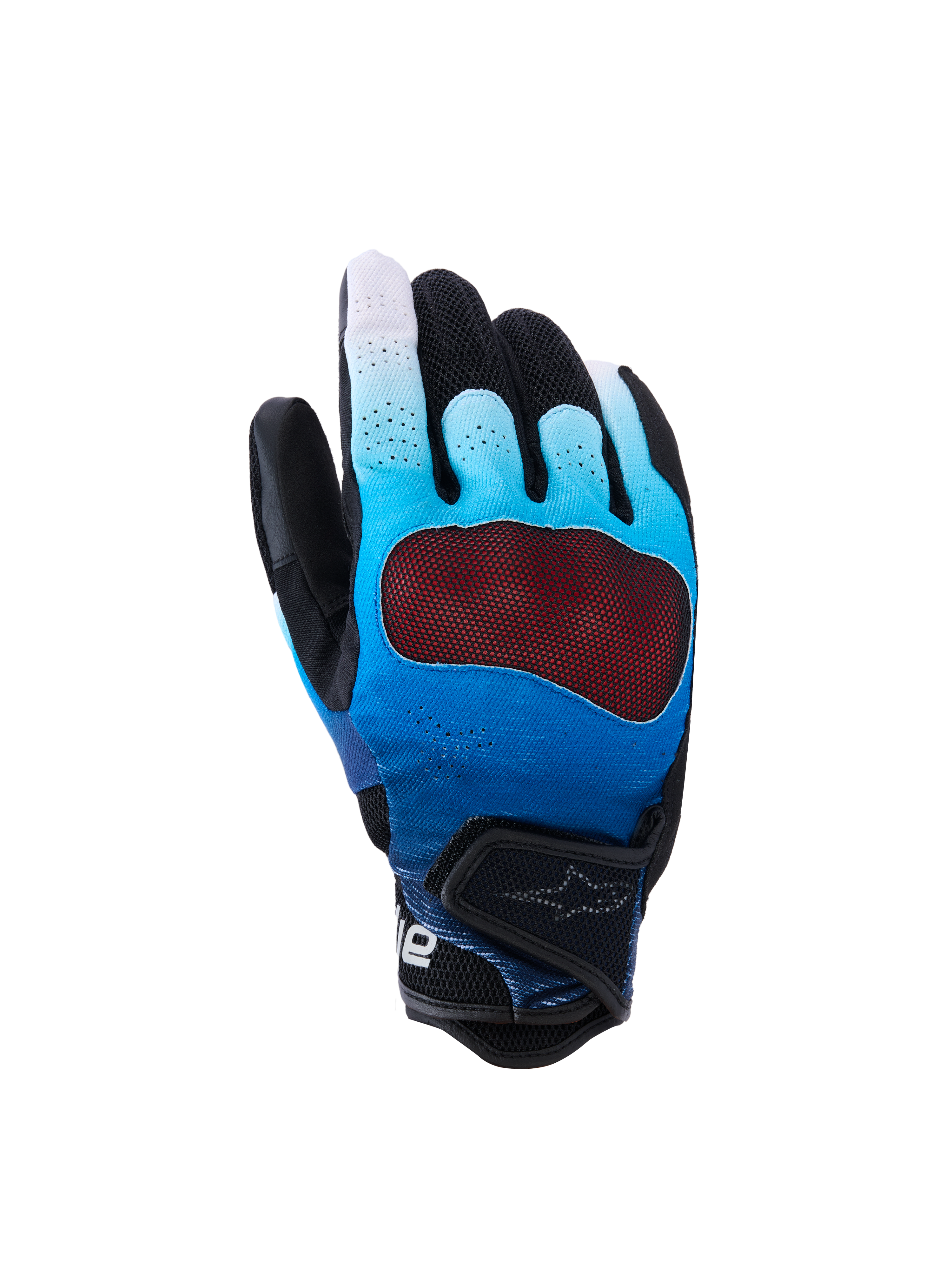 Alpinestars Mogress Airflow-handskar, motorcykelhandskar, tonad blå och svart, rött genomskinligt knogskydd, ventilerande perforerad handrygg med 3D-meshpaneler, kort manschett med justerbar rem, design för stadskörning