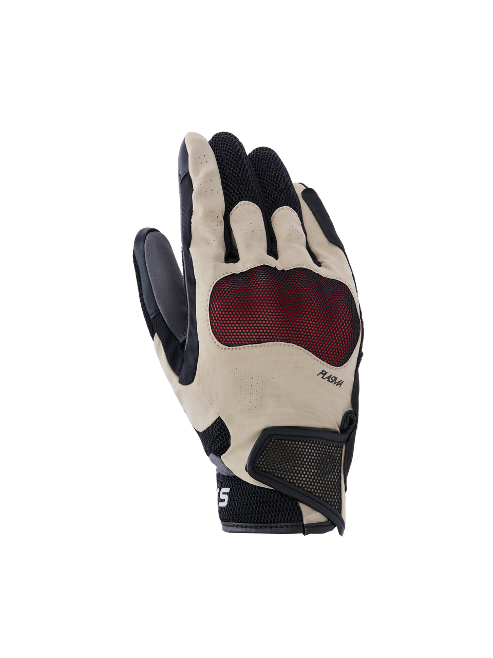 Alpinestars Mogress Airflow-handskar, motorcykelhandskar, beige, svarta och röda, med rött Nucleon Plasma-knogskydd, laserperforerade fingrar, 3D-meshpaneler för luftflöde och kort manschett med kardborreband