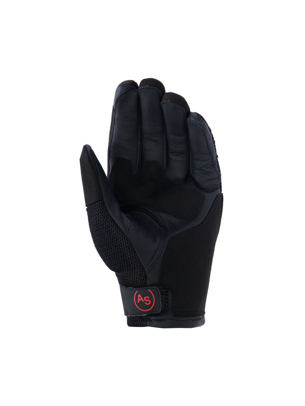 Alpinestars Manti Air-handskar, adventure-motorcykelhandskar, svarta, vy av handflatan med förstärkt läder i handflatan, ventilerande mesh på tummen och röd cirkulär "AS"-logotyp vid handledsstängningen.