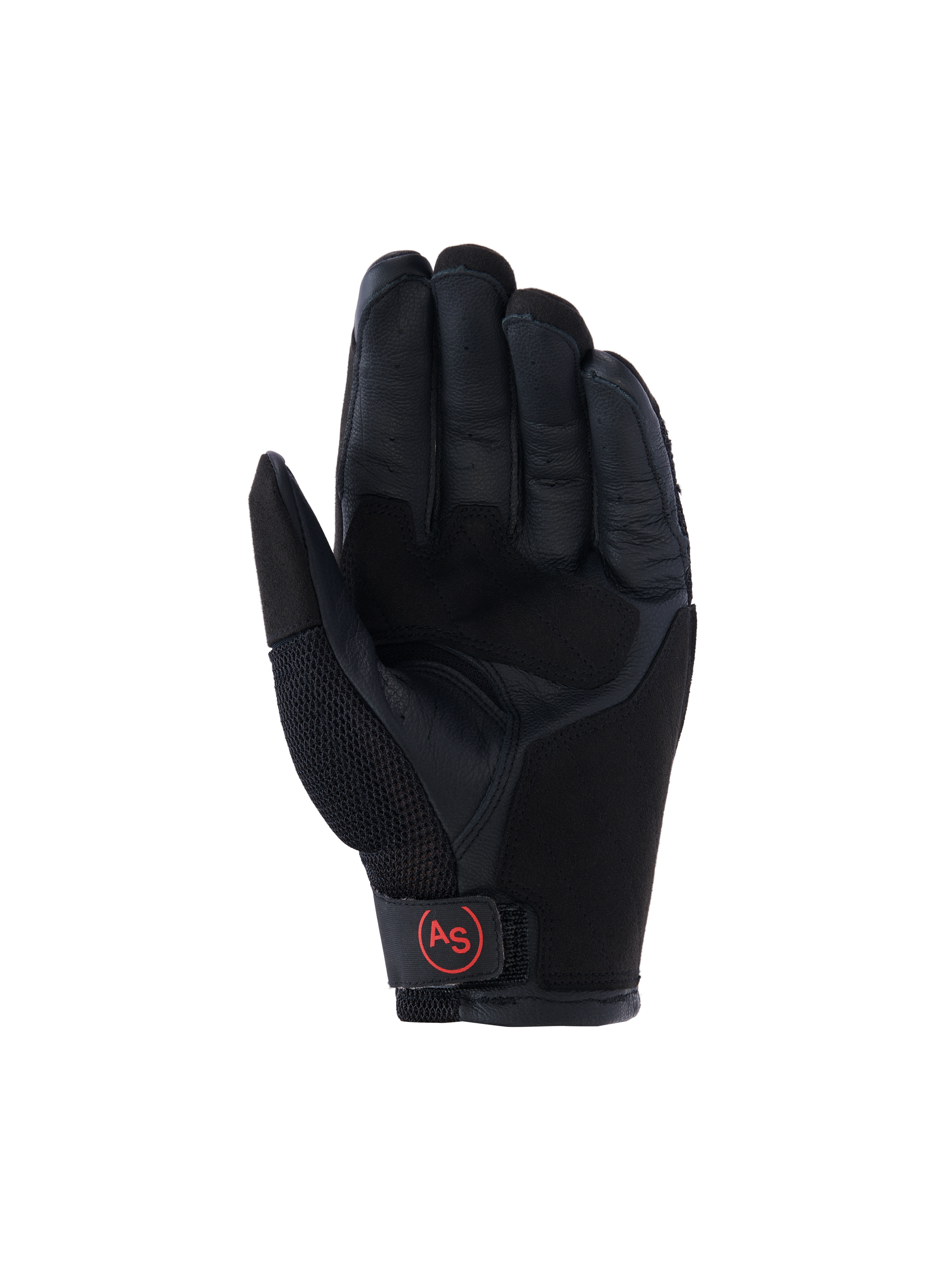 Alpinestars Manti Air-handskar, adventure-motorcykelhandskar, svarta, vy av handflatan med förstärkt läder i handflatan, ventilerande mesh på tummen och röd cirkulär "AS"-logotyp vid handledsstängningen.