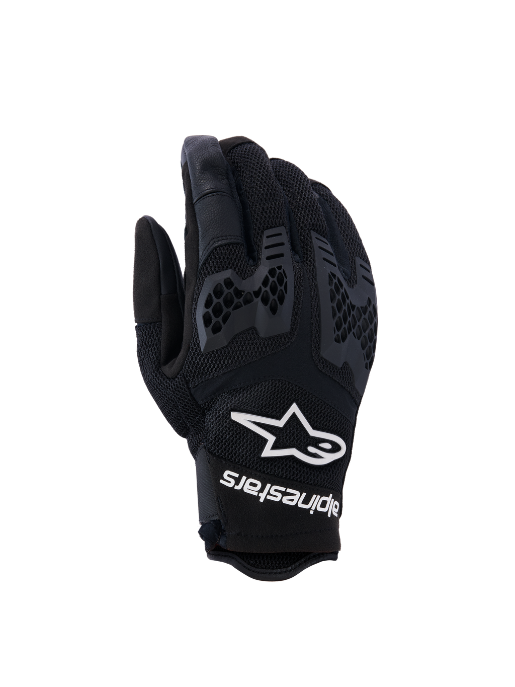 Alpinestars Manti Air handskar, motorcykelhandskar, svarta med vit Alpinestars-logotyp och text på handleden, ventilerande mesh och texturerat honeycomb-knogskydd, lättviktsdesign för äventyrskörning under sommaren