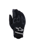 Alpinestars Manti Air handskar, motorcykelhandskar, svarta med vit Alpinestars-logotyp och text på handleden, ventilerande mesh och texturerat honeycomb-knogskydd, lättviktsdesign för äventyrskörning under sommaren