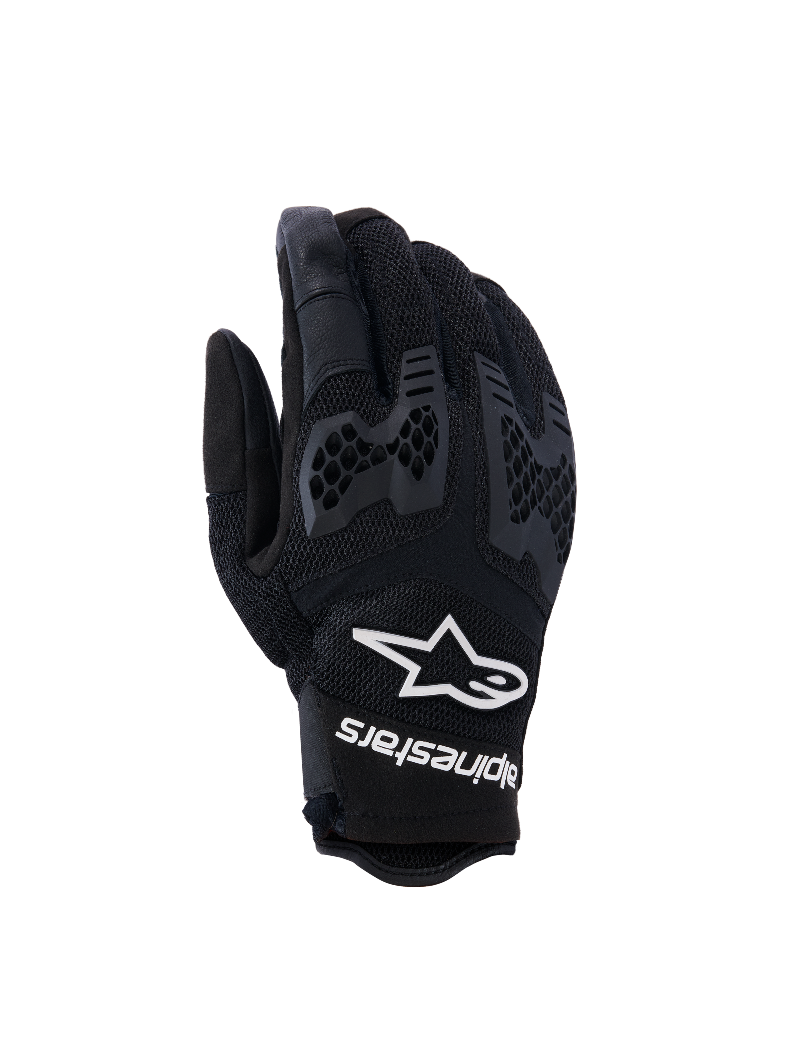 Alpinestars Manti Air handskar, motorcykelhandskar, svarta med vit Alpinestars-logotyp och text på handleden, ventilerande mesh och texturerat honeycomb-knogskydd, lättviktsdesign för äventyrskörning under sommaren
