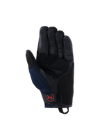 Alpinestars Manti Air-handskar, motorcykelhandskar, mörkblå och svarta, vy av läderhandflata med perforerade fingrar, sidopaneler i mesh och röd cirkulär AS-logotyp på handledsremmen, äventyrsutrustning