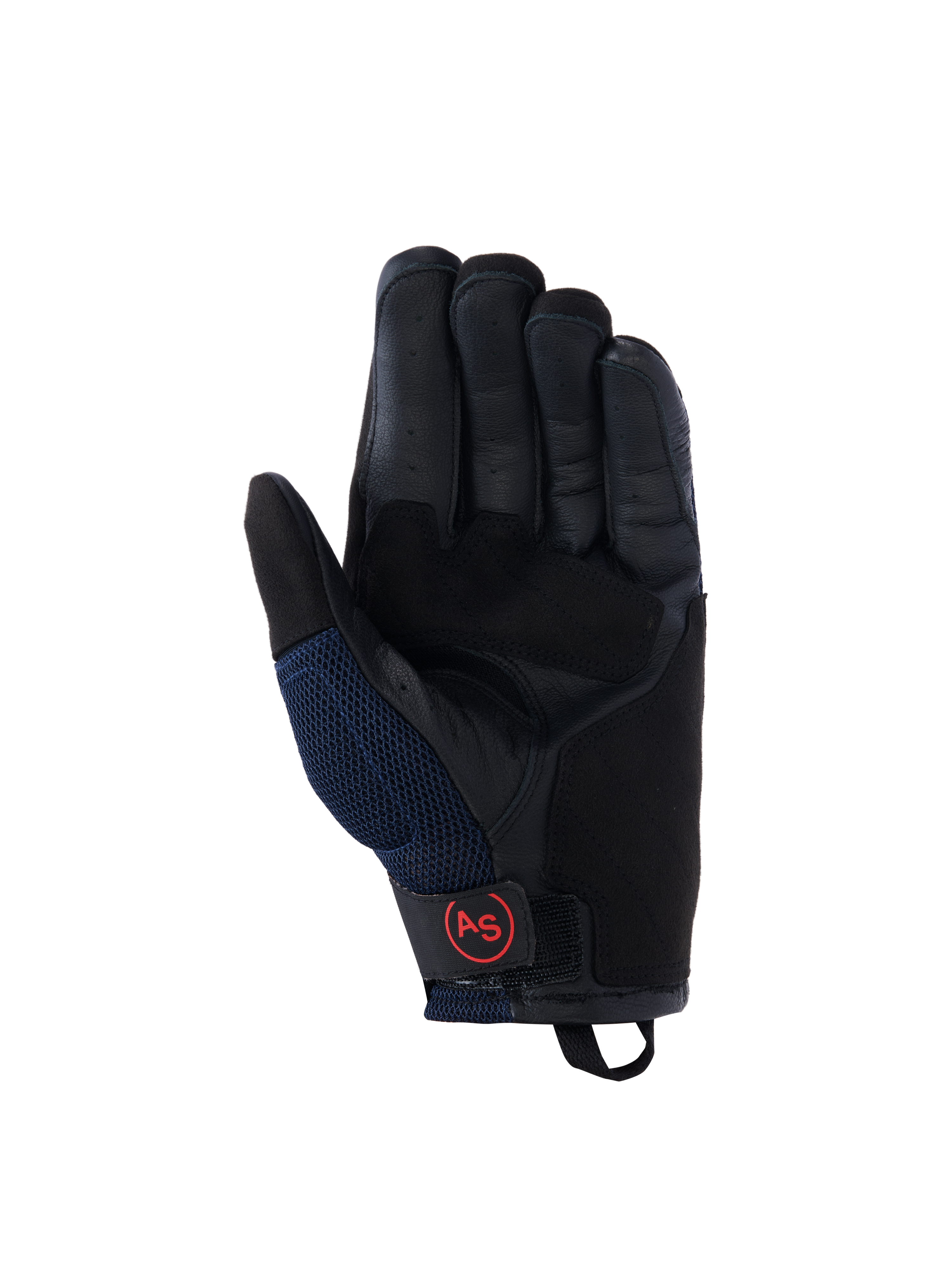 Alpinestars Manti Air-handskar, motorcykelhandskar, mörkblå och svarta, vy av läderhandflata med perforerade fingrar, sidopaneler i mesh och röd cirkulär AS-logotyp på handledsremmen, äventyrsutrustning