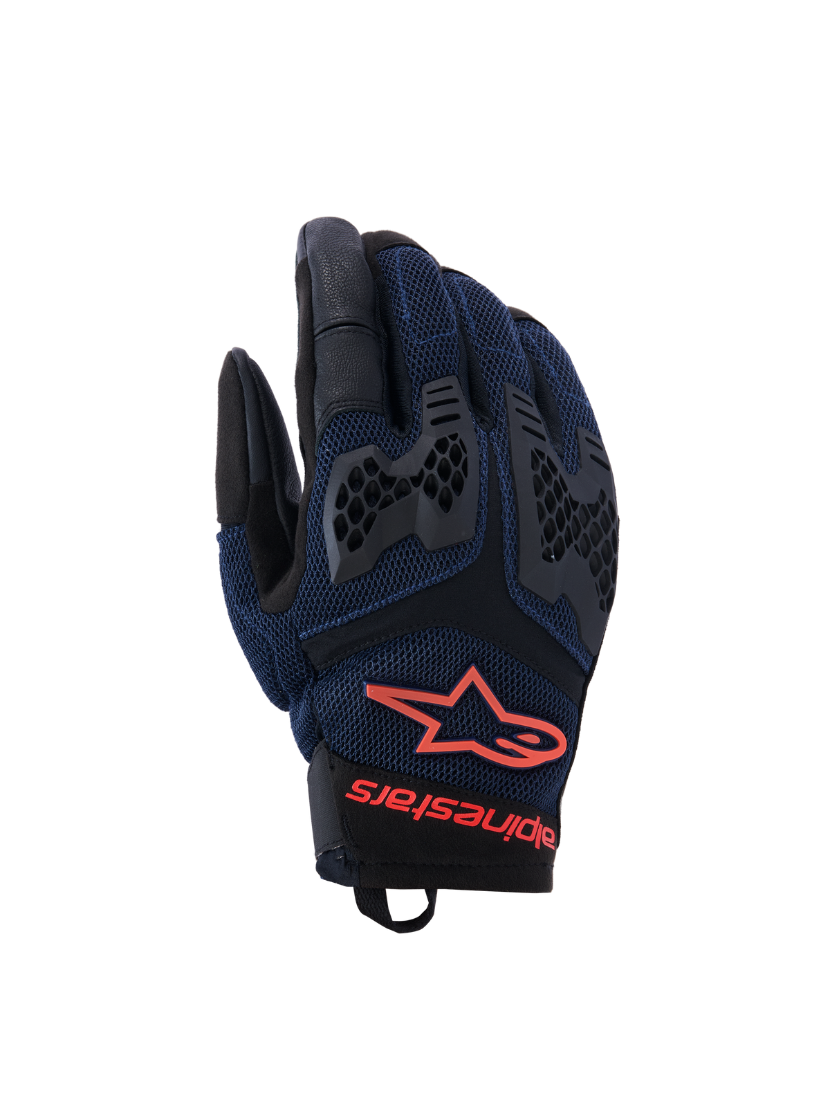 Alpinestars Manti Air Gloves, motorcykelhandskar, mörkblå och svarta med röda fluo-detaljer, ventilerande mesh-konstruktion och honeycomb TPU-knogskydd, Alpinestars stjärnlogotyp och text på handleden, designade för äventyrskörning under sommaren.