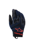 Alpinestars Manti Air Gloves, motorcykelhandskar, mörkblå och svarta med röda fluo-detaljer, ventilerande mesh-konstruktion och honeycomb TPU-knogskydd, Alpinestars stjärnlogotyp och text på handleden, designade för äventyrskörning under sommaren.