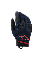 Alpinestars Manti Air Gloves, motorcykelhandskar, mörkblå och svarta med röda fluo-detaljer, ventilerande mesh-konstruktion och honeycomb TPU-knogskydd, Alpinestars stjärnlogotyp och text på handleden, designade för äventyrskörning under sommaren.