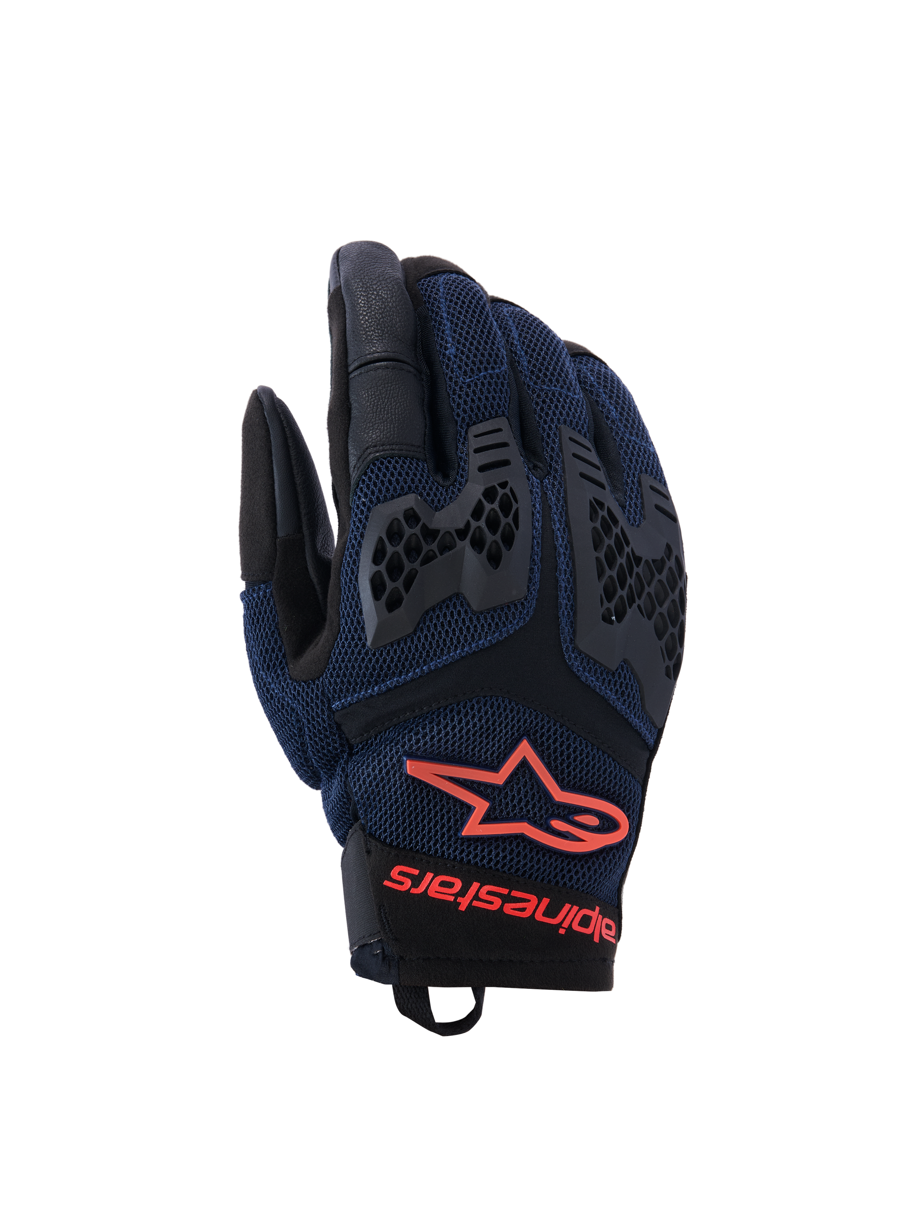 Alpinestars Manti Air Gloves, motorcykelhandskar, mörkblå och svarta med röda fluo-detaljer, ventilerande mesh-konstruktion och honeycomb TPU-knogskydd, Alpinestars stjärnlogotyp och text på handleden, designade för äventyrskörning under sommaren.