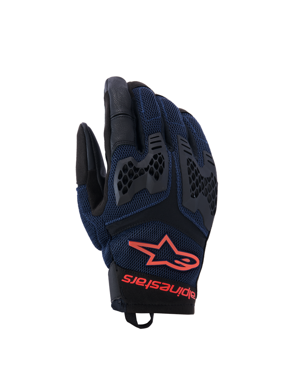 Alpinestars Manti Air Gloves, motorcykelhandskar, mörkblå och svarta med röda fluo-detaljer, ventilerande mesh-konstruktion och honeycomb TPU-knogskydd, Alpinestars stjärnlogotyp och text på handleden, designade för äventyrskörning under sommaren.