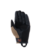Alpinestars Manti Air-handskar, motorcykelhandskar, mörk khaki och svarta med orange fluo-detaljer, vy av handflatan med konstruktion i syntetisk mocka, utvändiga sömmar, ventilerande mesh-inlägg och en svart handledsrem med en rund orange AS-logotyp.