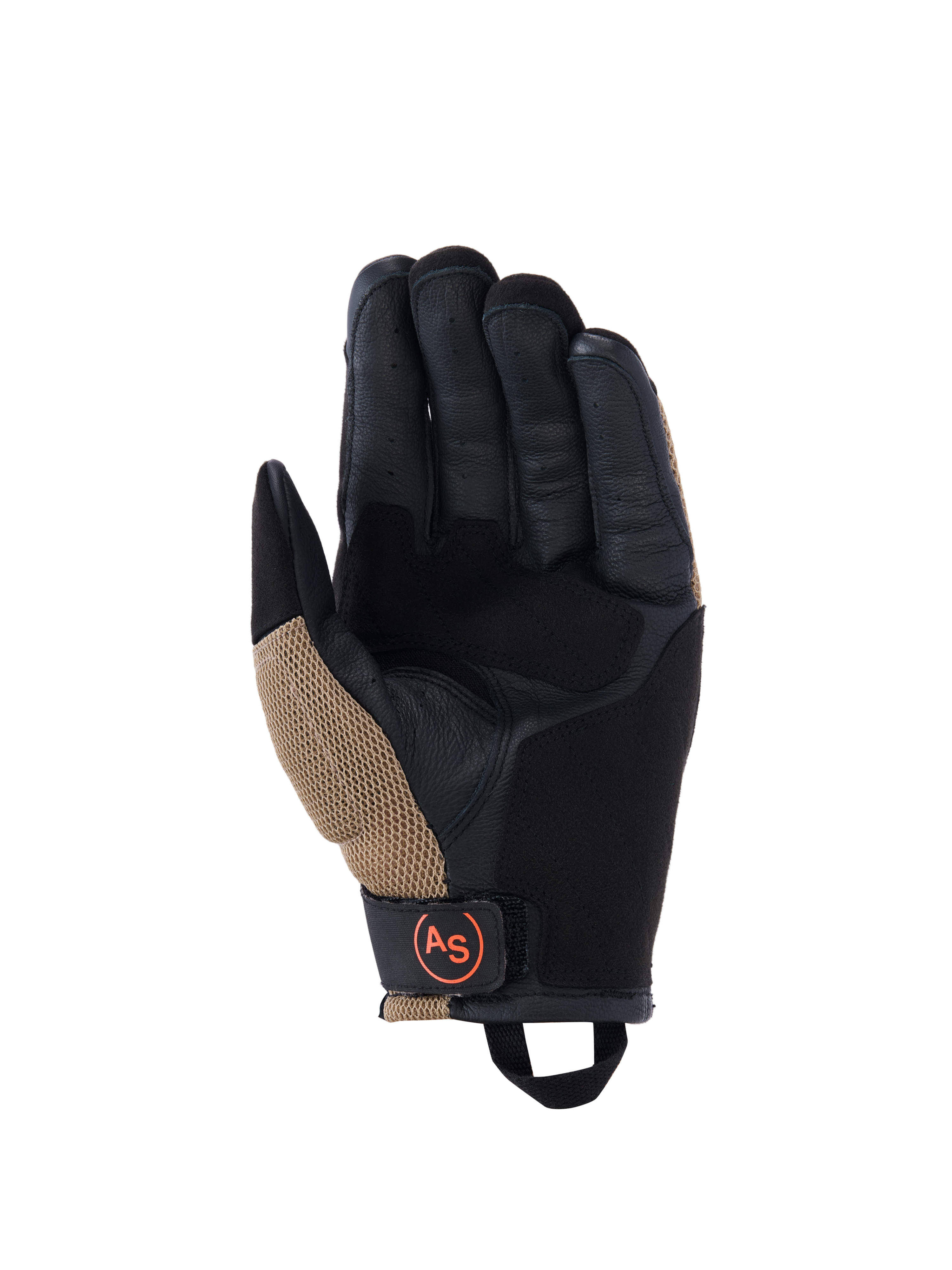 Alpinestars Manti Air-handskar, motorcykelhandskar, mörk khaki och svarta med orange fluo-detaljer, vy av handflatan med konstruktion i syntetisk mocka, utvändiga sömmar, ventilerande mesh-inlägg och en svart handledsrem med en rund orange AS-logotyp.