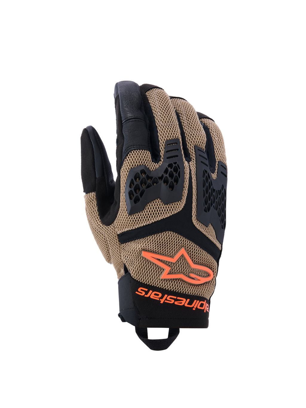 Alpinestars Manti Air-handskar, motorcykelhandskar, mörk khaki och svarta med orange fluo-detaljer, 3D-stretchnätkonstruktion, injicerat knogskydd med perforerad design, orange stjärnlogotyp och säker handledsstängning, designade för sommaräventyr och landsvägskörning