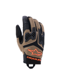 Alpinestars Manti Air-handskar, motorcykelhandskar, mörk khaki och svarta med orange fluo-detaljer, 3D-stretchnätkonstruktion, injicerat knogskydd med perforerad design, orange stjärnlogotyp och säker handledsstängning, designade för sommaräventyr och landsvägskörning
