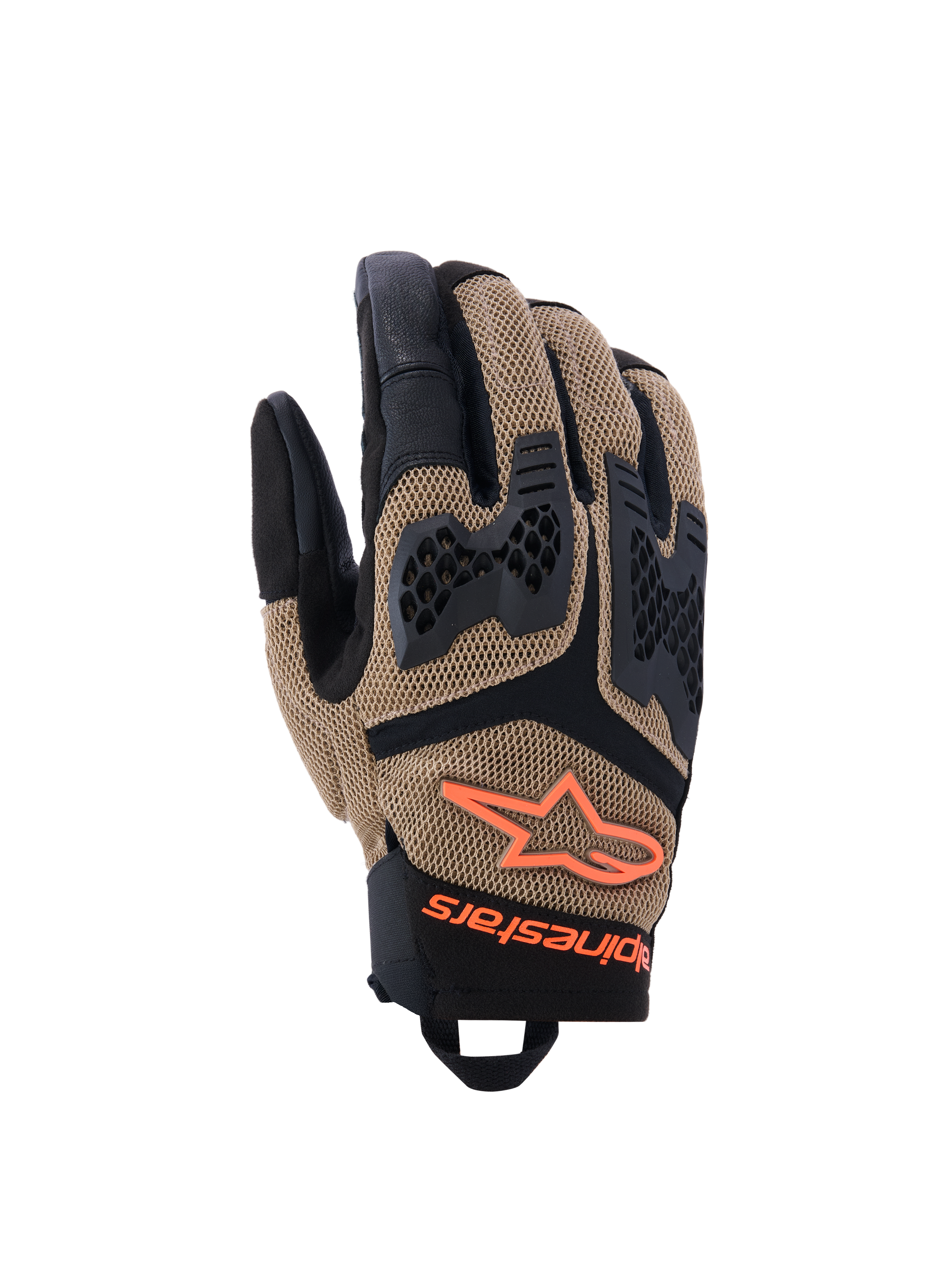 Alpinestars Manti Air-handskar, motorcykelhandskar, mörk khaki och svarta med orange fluo-detaljer, 3D-stretchnätkonstruktion, injicerat knogskydd med perforerad design, orange stjärnlogotyp och säker handledsstängning, designade för sommaräventyr och landsvägskörning