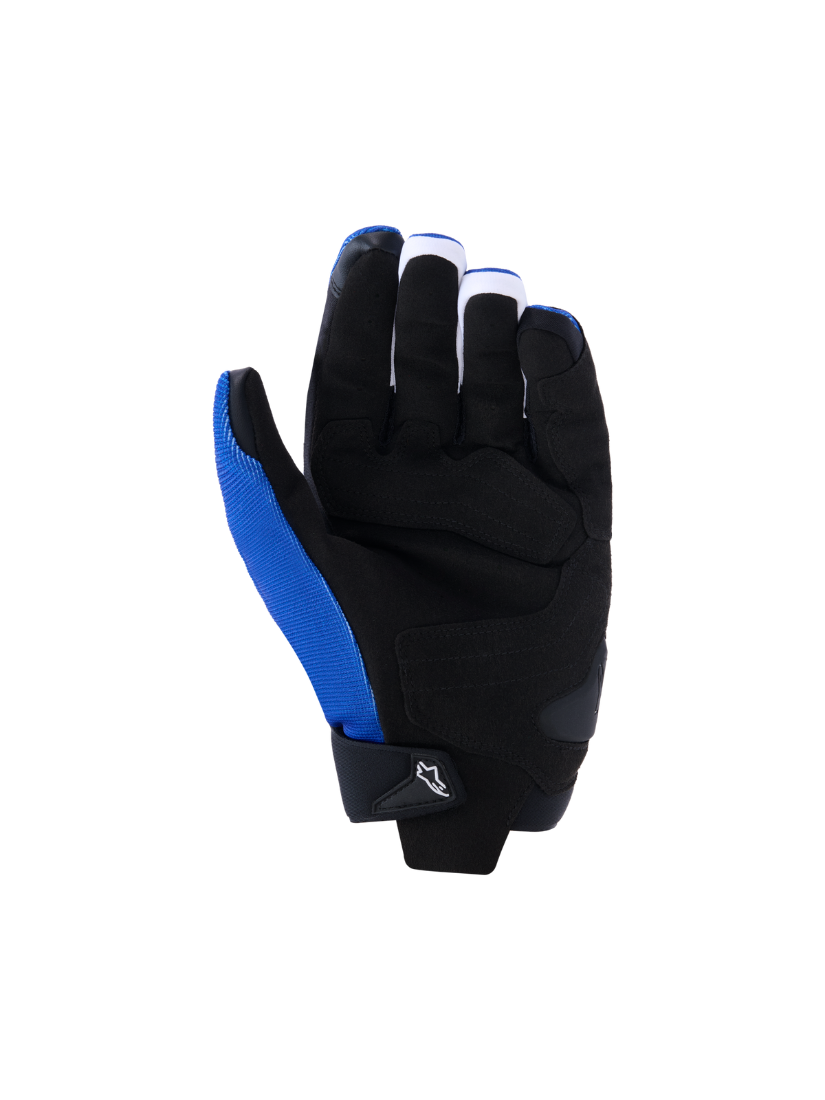 Alpinestars FQ20 SP X 1 handskar, motorcykelhandskar, blå, svart och röd fluo, handflatevy med konstruktion i svart syntetiskt läder, förstärkta grepppaneler och kollisionszoner, blått tyg på tumsidan, smidig sportig racingdesign