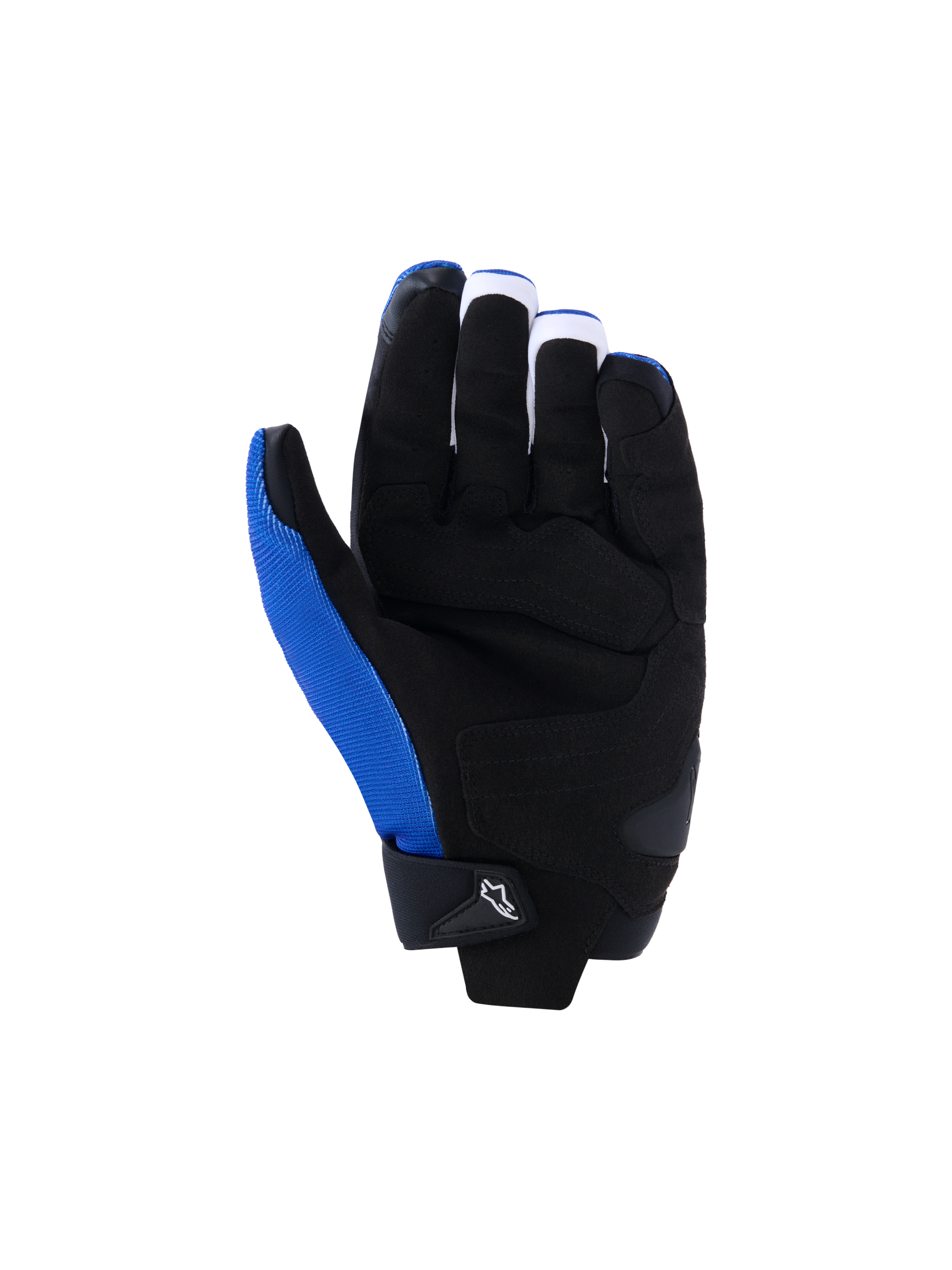 Alpinestars FQ20 SP X 1 handskar, motorcykelhandskar, blå, svart och röd fluo, handflatevy med konstruktion i svart syntetiskt läder, förstärkta grepppaneler och kollisionszoner, blått tyg på tumsidan, smidig sportig racingdesign