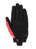 Alpinestars MM93 SP X 1-handskar, vy av handflatan, svart och fluorescerande röd, konstruktion i syntetläder med perforerad handflata, förstärkta sektioner, TPR-glidare på handflatan och kardborreband vid handleden med Alpinestars-logotyp.