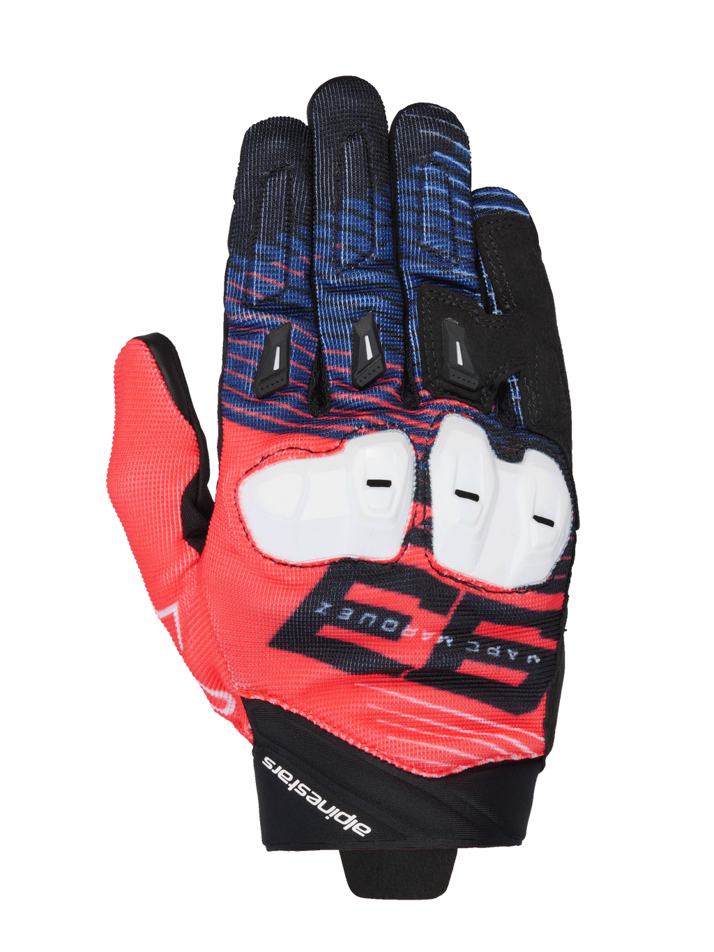 Alpinestars MM93 Spx 1 handskar, racinghandskar för motorcykel, röda, blå och svarta, vitt knogskydd, framträdande 93 Marc Marquez-grafik, texturerat tyg med svarta fingerglidare, sportig racingdesign med Alpinestars-logotyp på handleden