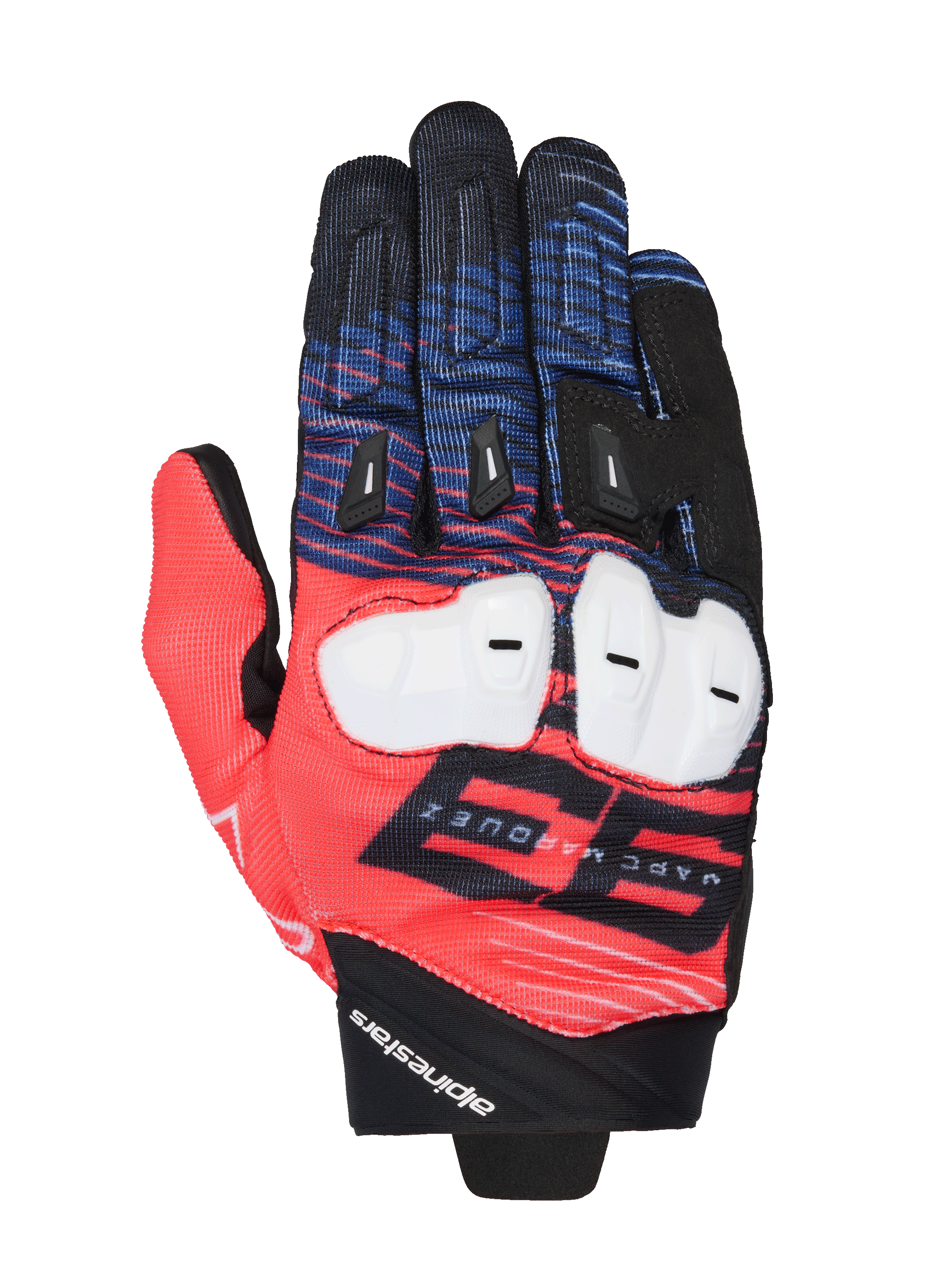 Alpinestars MM93 Spx 1 handskar, racinghandskar för motorcykel, röda, blå och svarta, vitt knogskydd, framträdande 93 Marc Marquez-grafik, texturerat tyg med svarta fingerglidare, sportig racingdesign med Alpinestars-logotyp på handleden