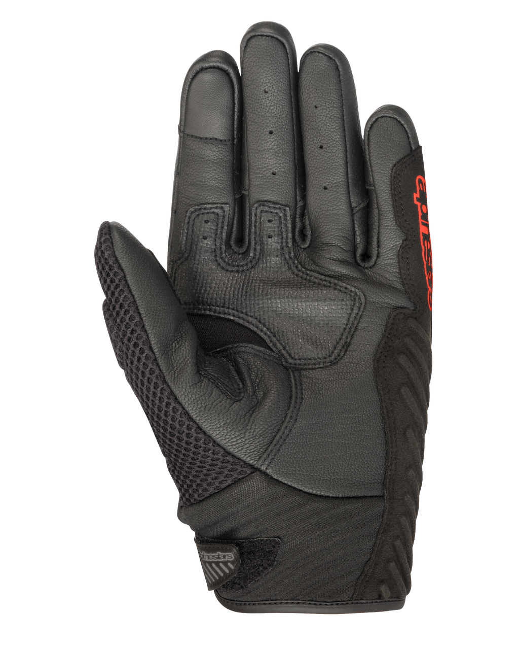Alpinestars SMX-1 Air V2 Gloves, Black and Red Fluo, Palm view showing perforated leather, mesh thumb panel, reinforced grip zones, and red branding, designed for summer motorcycle road riding