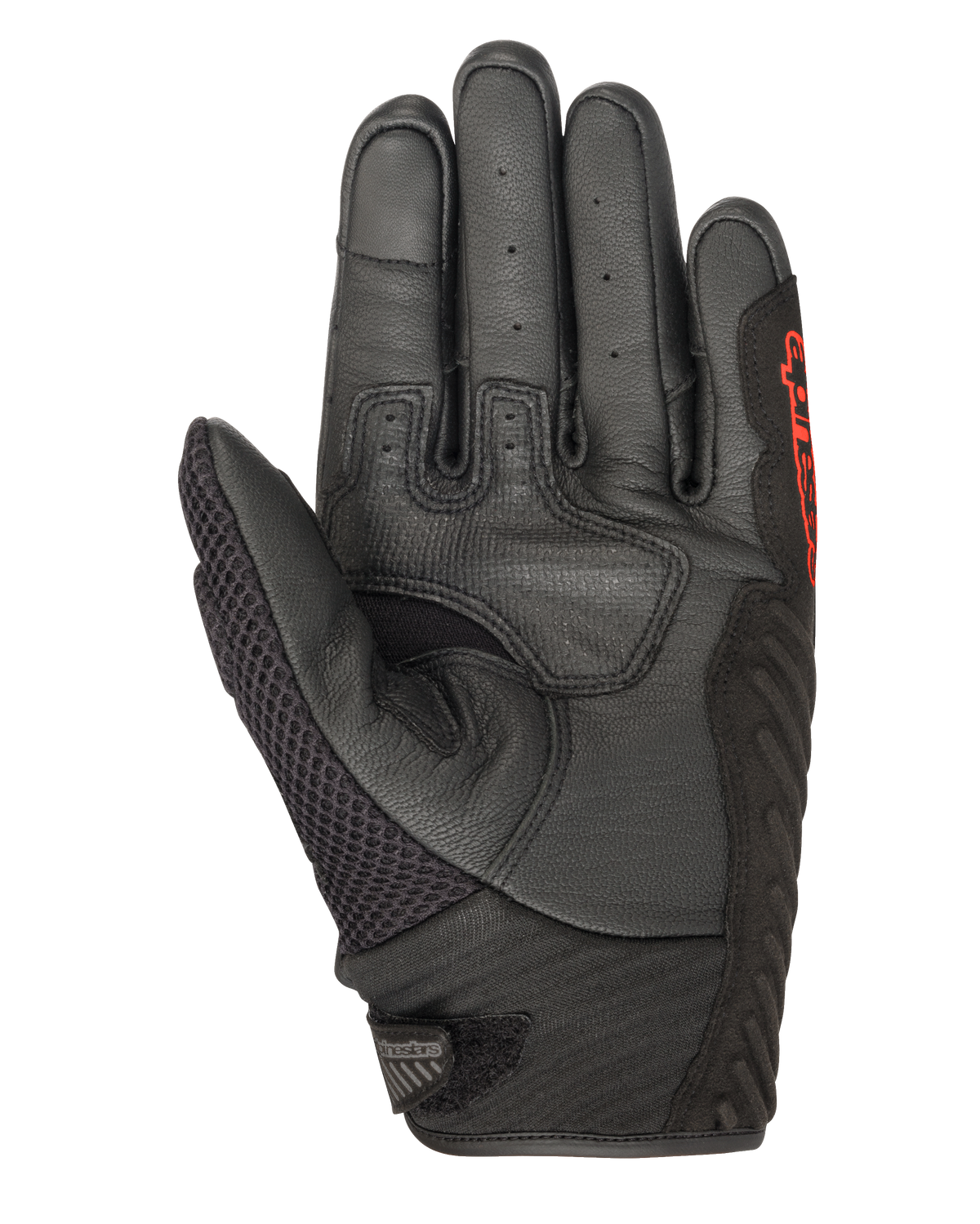 Alpinestars SMX-1 Air V2 Gloves, Black and Red Fluo, Palm view showing perforated leather, mesh thumb panel, reinforced grip zones, and red branding, designed for summer motorcycle road riding