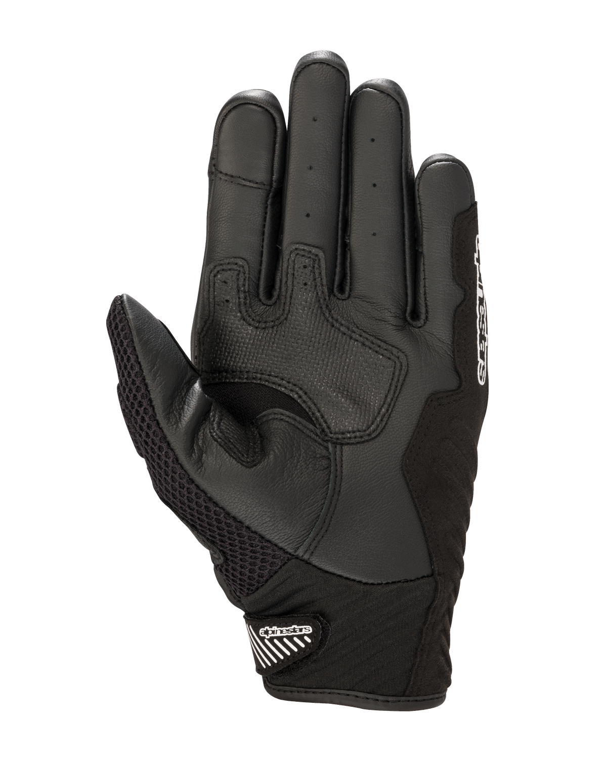 Alpinestars SMX-1 Air V2-handskar, vy av handflata, svart och vit, med förstärkta greppzoner i läder, perforerad handflata för ventilation och en säker kort manschett med kardborrestängning.