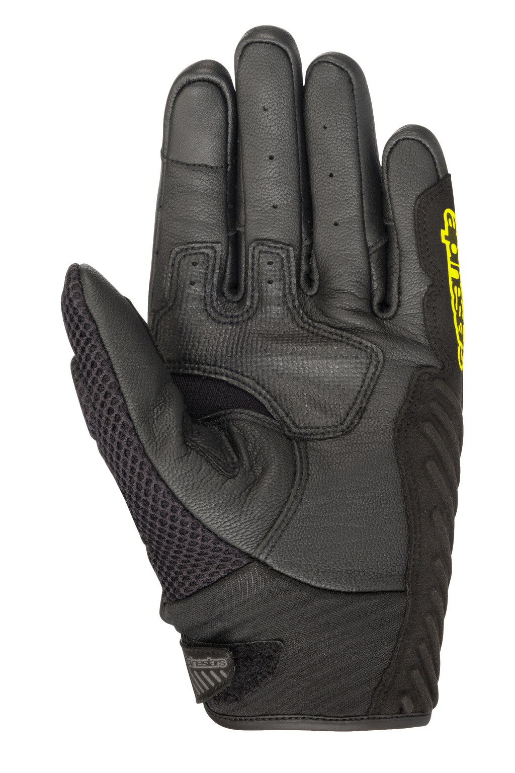Alpinestars SMX-1 Air V2 Gloves, Short-Cuff Motorcycle Gloves, Black and Yellow Fluo, palm view featuring perforated leather fingers, mesh thumb panel, and reinforced grip zone, designed for summer road riding