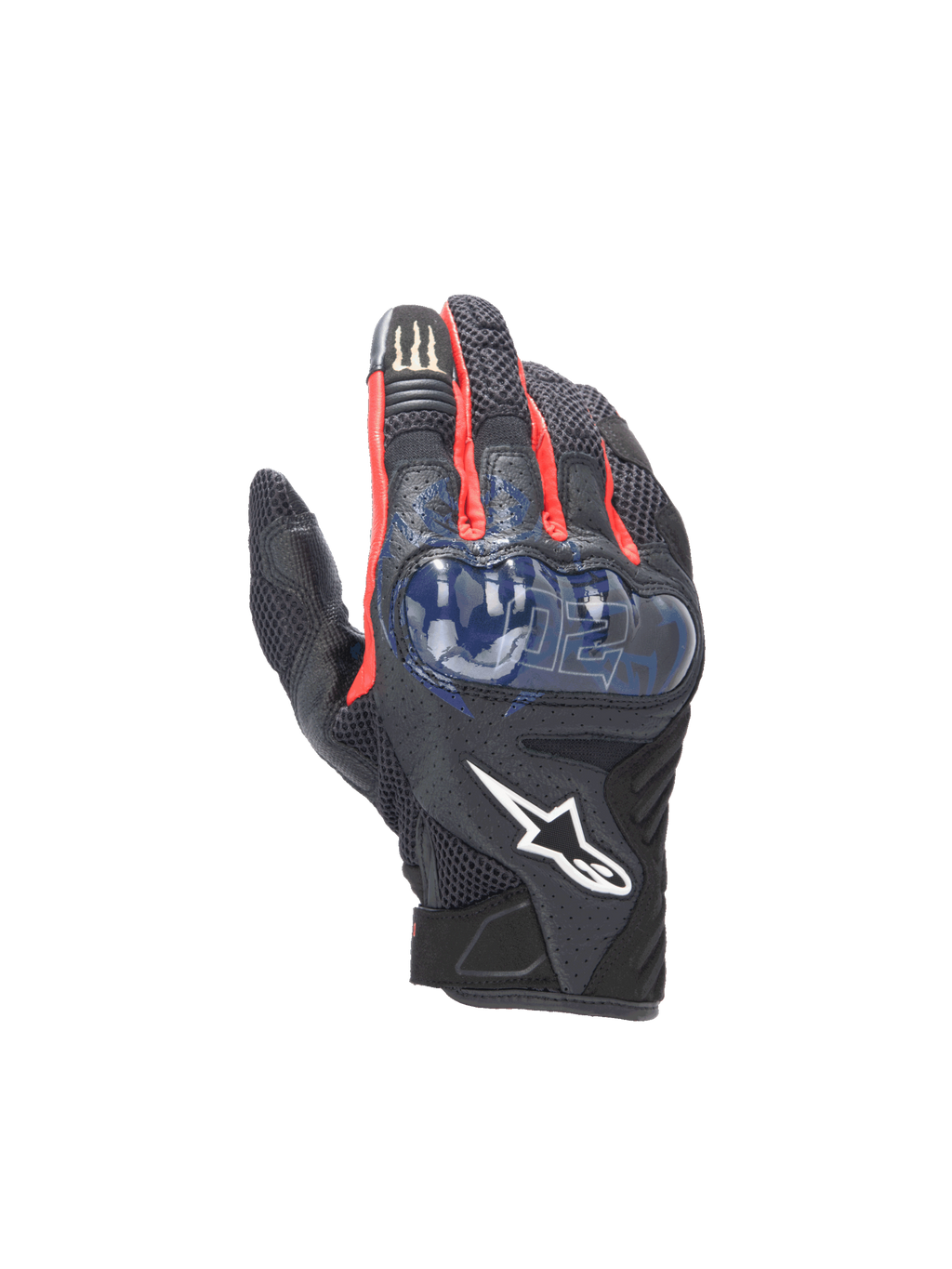 Alpinestars FQ20 SMX-1 Air V2 Monster handskar, svarta och blå motorcykelhandskar med hårt knogskydd och meshpaneler.