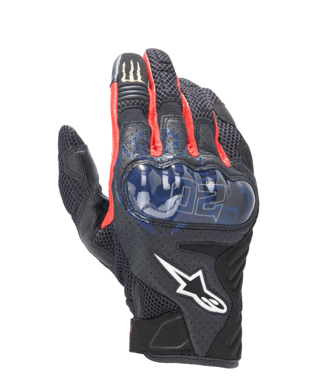 Alpinestars FQ20 SMX-1 Air V2 Monster Gloves, Motorcycle Sport Gloves, Black with Red and Blue accents, featuring a blue hard knuckle protector, mesh ventilation panels, Fabio Quartararo signature graphics, and Monster Energy logo on the index finger