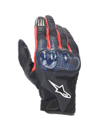 Alpinestars FQ20 SMX-1 Air V2 Monster Gloves, Motorcycle Sport Gloves, Black with Red and Blue accents, featuring a blue hard knuckle protector, mesh ventilation panels, Fabio Quartararo signature graphics, and Monster Energy logo on the index finger