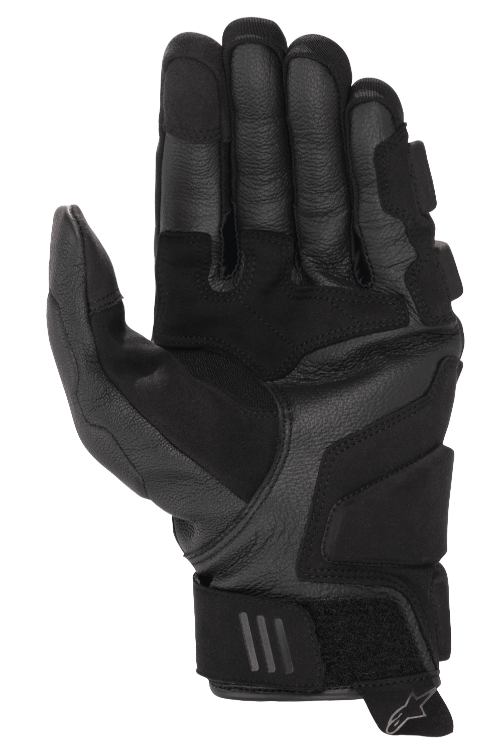 Alpinestars Phenom Leather Air Gloves, Black, palm side view featuring premium goat leather construction, reinforced grip zones, and an adjustable Velcro wrist closure.