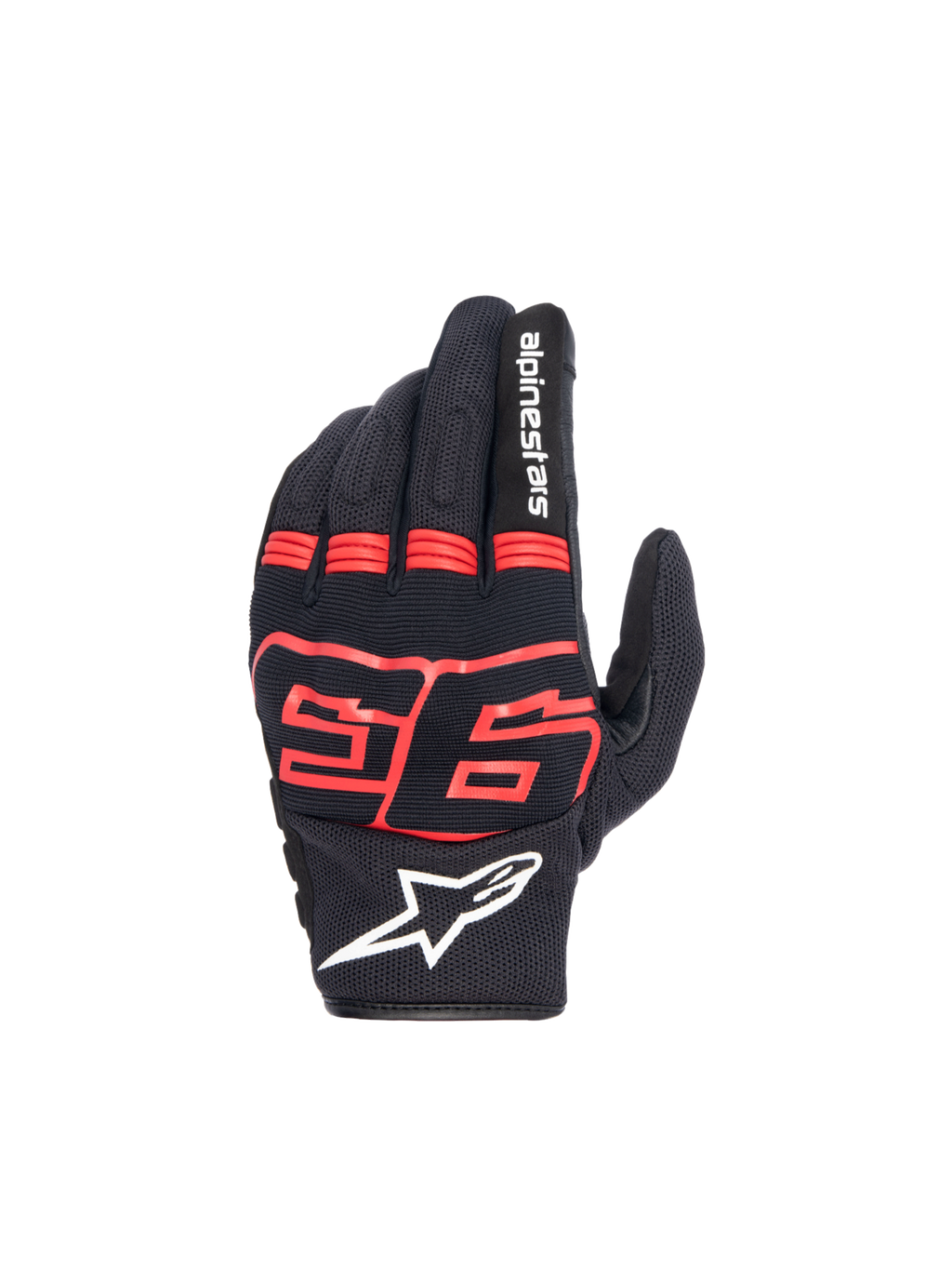 Alpinestars MM93 Losail V2 motorcykelhandskar, svarta och röd fluo, textil med hårt knogskydd och Marc Marquez 93-logotyp.