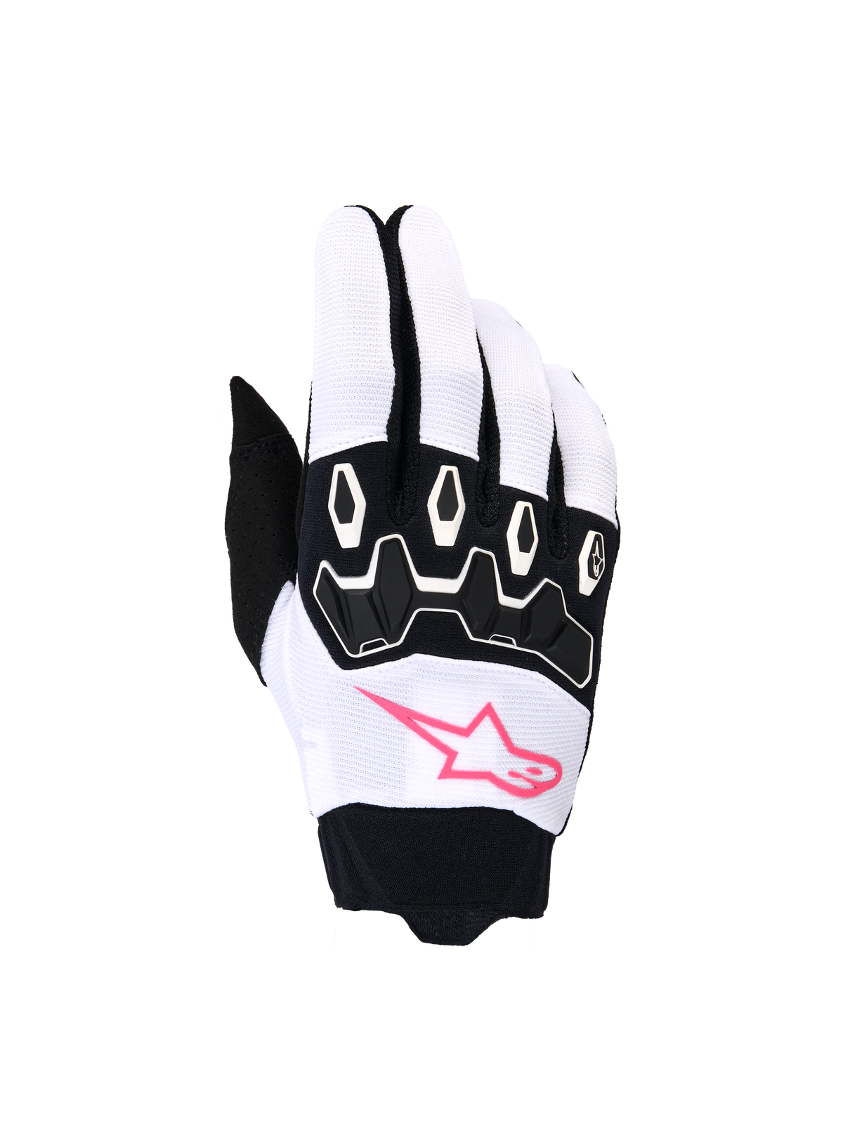 Alpinestars Stella Full Bore V2 handskar, motocrosshandskar för dam, vita och svarta med rosa fluo, rosa stjärnlogotyp, svart TPR-knogskydd och andningsbart stretchmaterial för terrängkörning