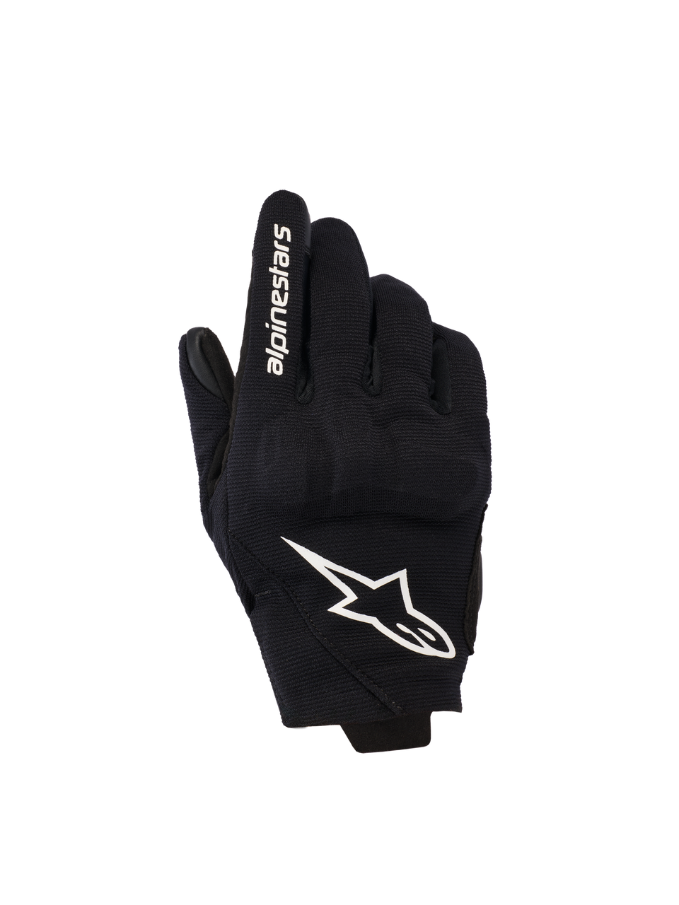 Alpinestars Reef V2-handskar för damer, svarta och vita motorcykelhandskar med kort manschett, ovansida i textil med 3D TPU-knogskydd, vit stjärnlogotyp och Alpinestars-text på pekfingret