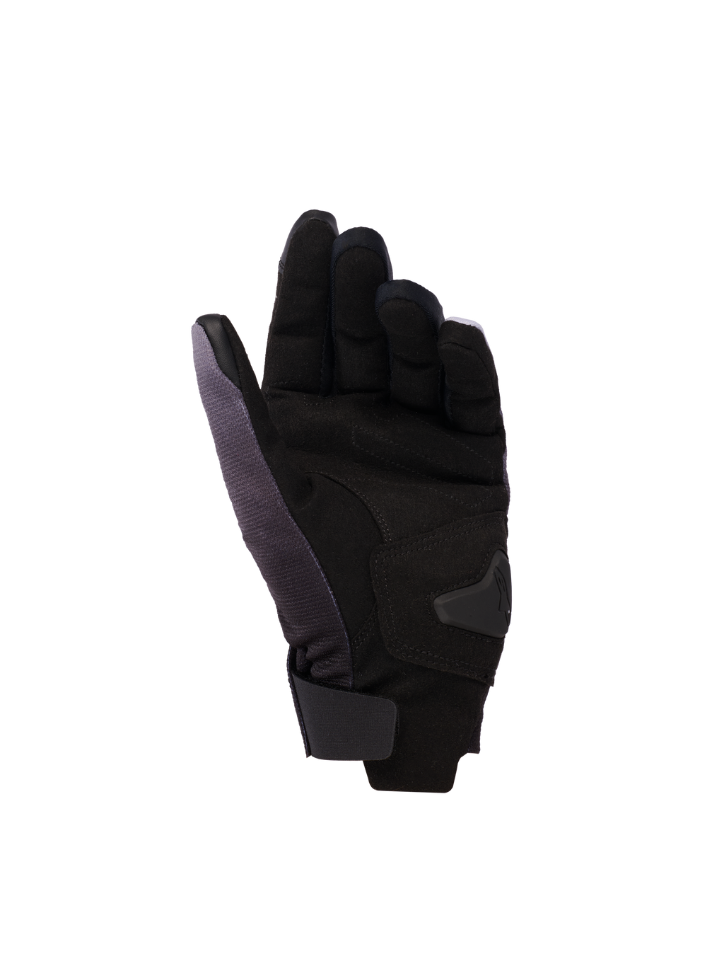 Alpinestars Reef Women's v2 Gloves, Women's Motorcycle Gloves, Gray Black Pink Fluo, palm side view featuring synthetic suede with padded reinforcements, short cuff with hook-and-loop closure, and conductive leather on index and thumb for touchscreen functionality