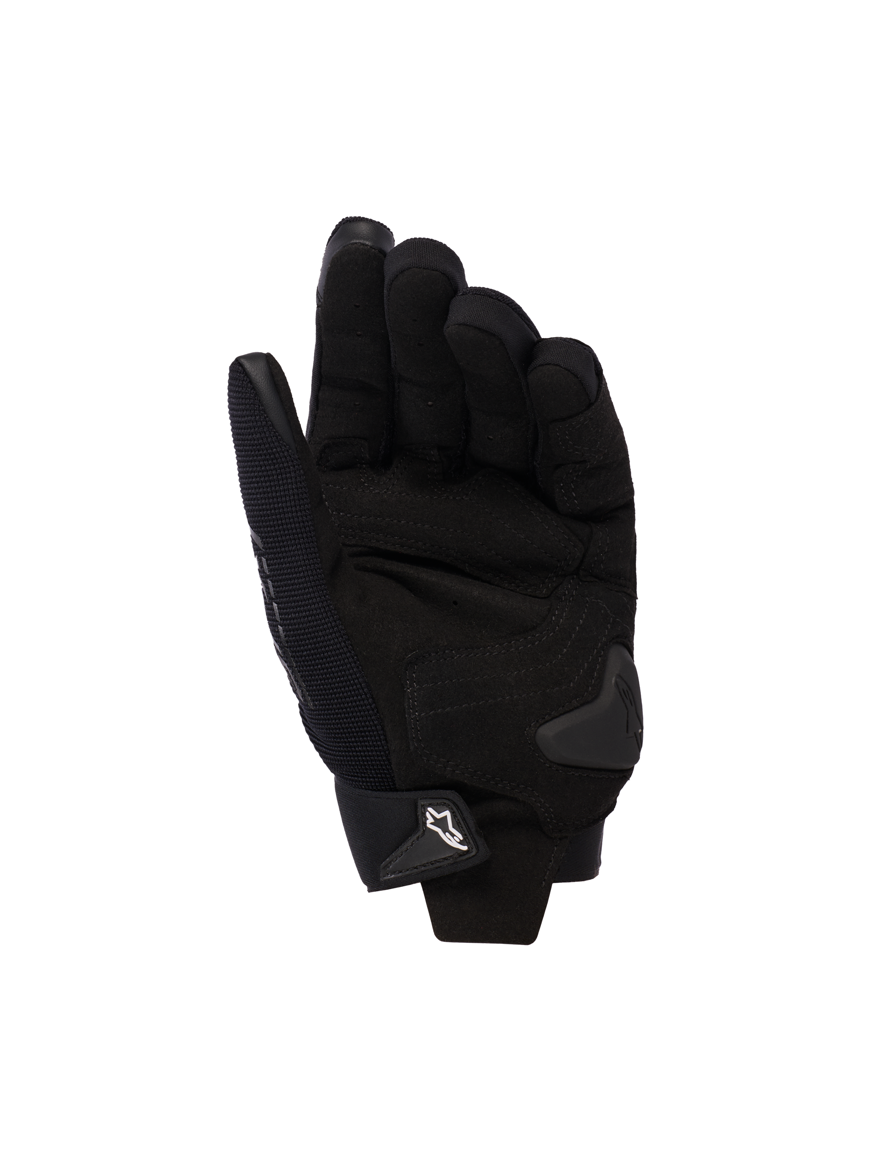 Alpinestars Stella SP X 3 Women's Motorcycle Gloves, Black, palm view featuring synthetic leather reinforcements, TPU palm slider, and adjustable wrist closure with white logo.
