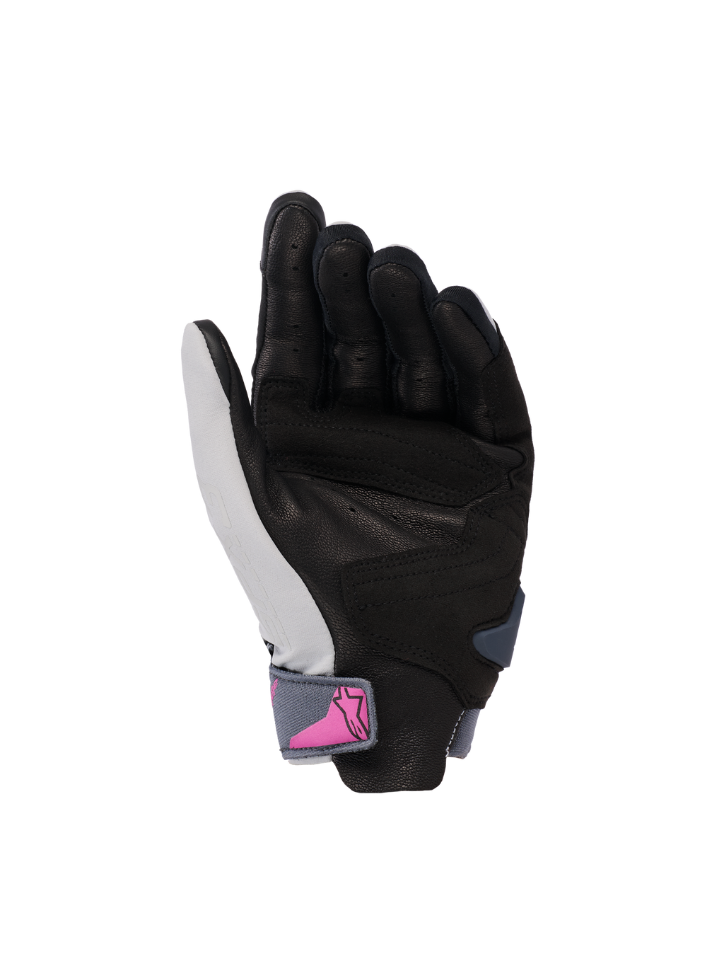 Alpinestars Stella SP X 3 Gloves, Women's Motorcycle Gloves, Palm View, Mid Gray Asphalt Black with pink logo on the wrist strap, perforated leather palm for grip and ventilation, sporty design for road riding