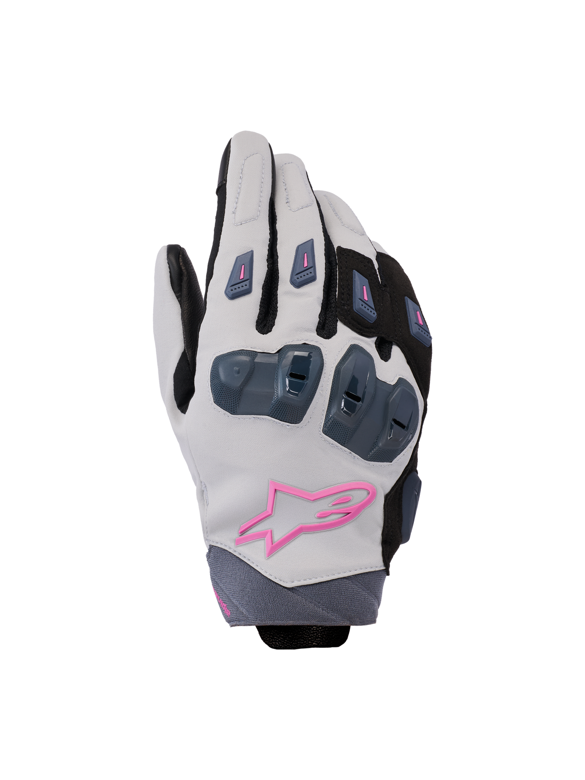 Alpinestars Stella SP X 3 Gloves, Women's Motorcycle Racing Gloves, Mid Gray, Black and Pink, featuring hard knuckle protection and a pink star logo, sleek sport design