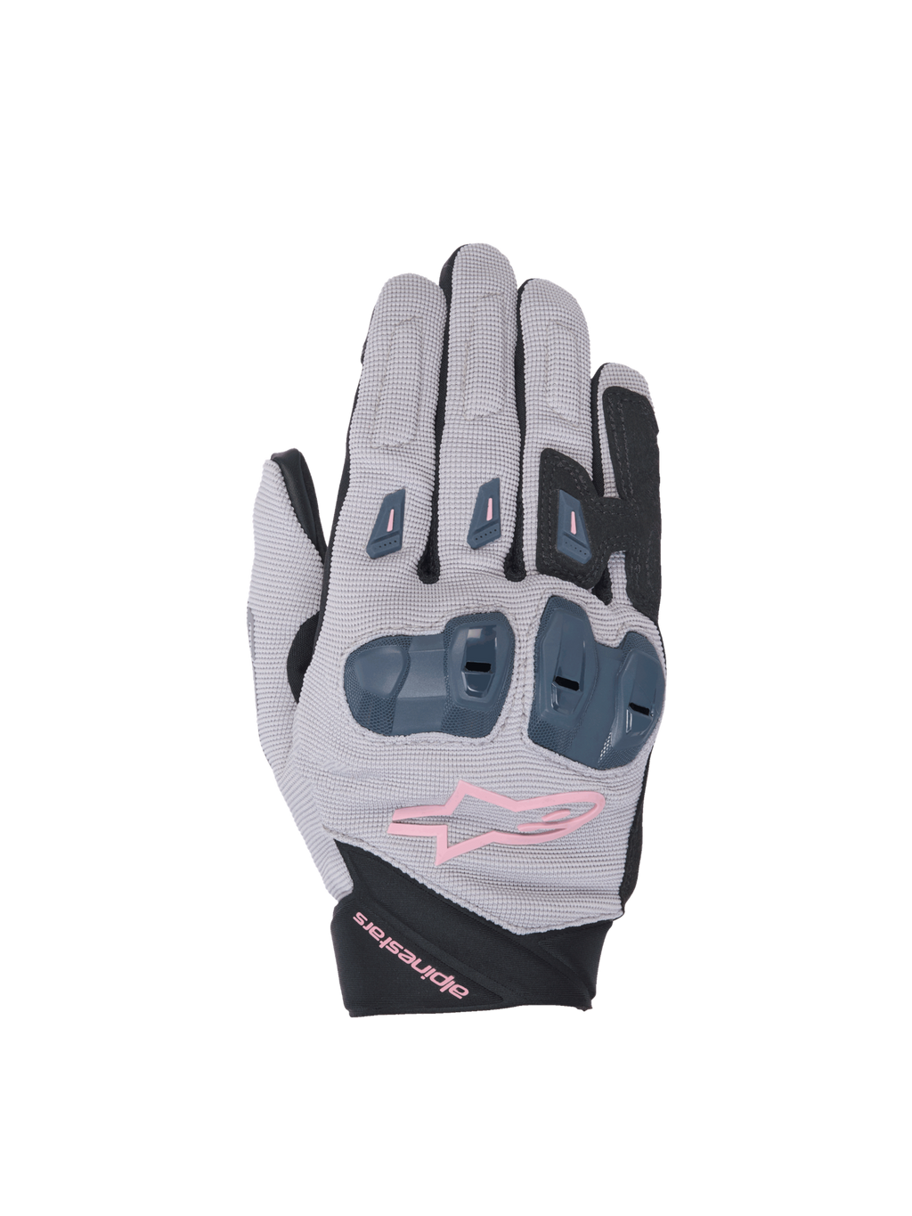 Alpinestars Stella SP X 1 motorcykelhandskar för dam, grå och svarta med rosa detaljer och TPR-knogskydd.
