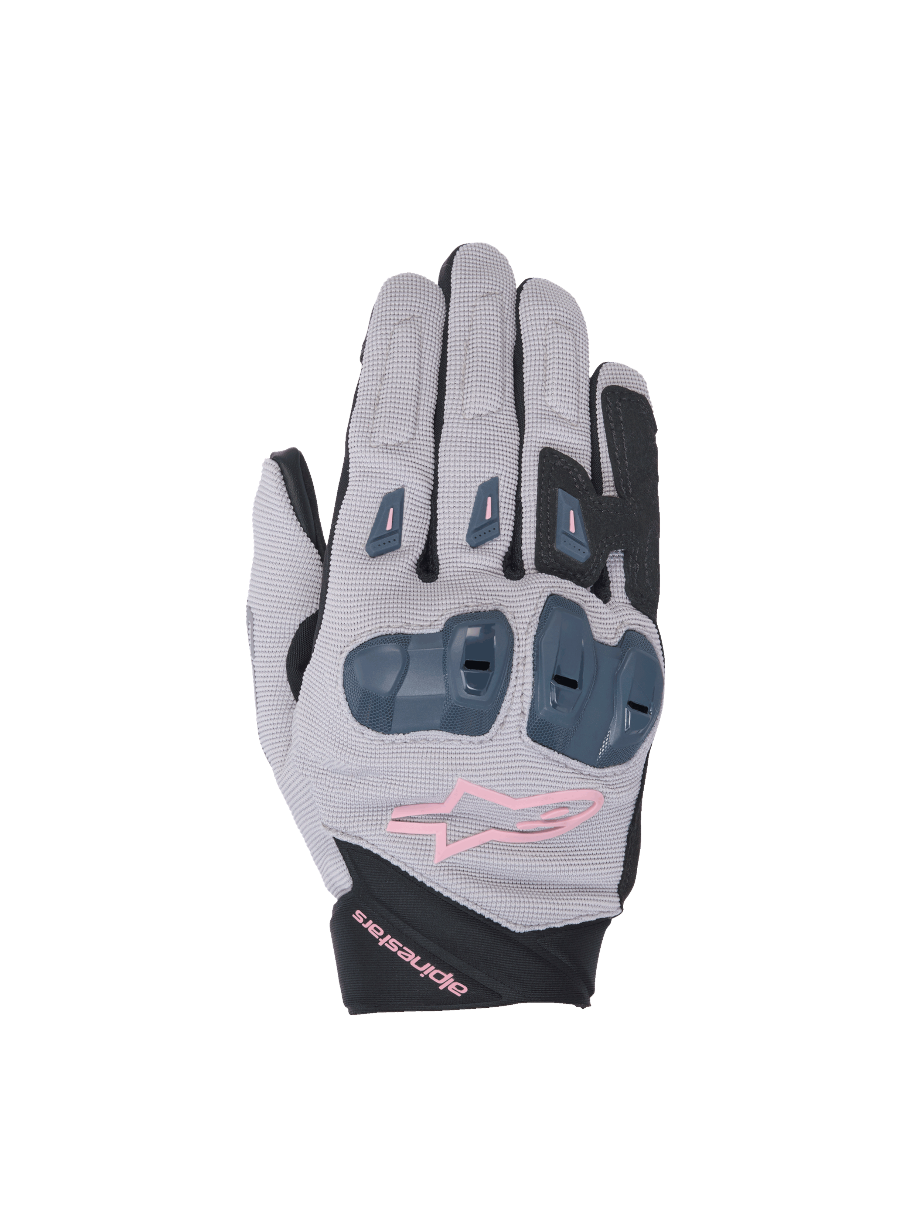 Alpinestars Stella SP X 1 motorcykelhandskar för dam, grå och svarta med rosa detaljer och TPR-knogskydd.