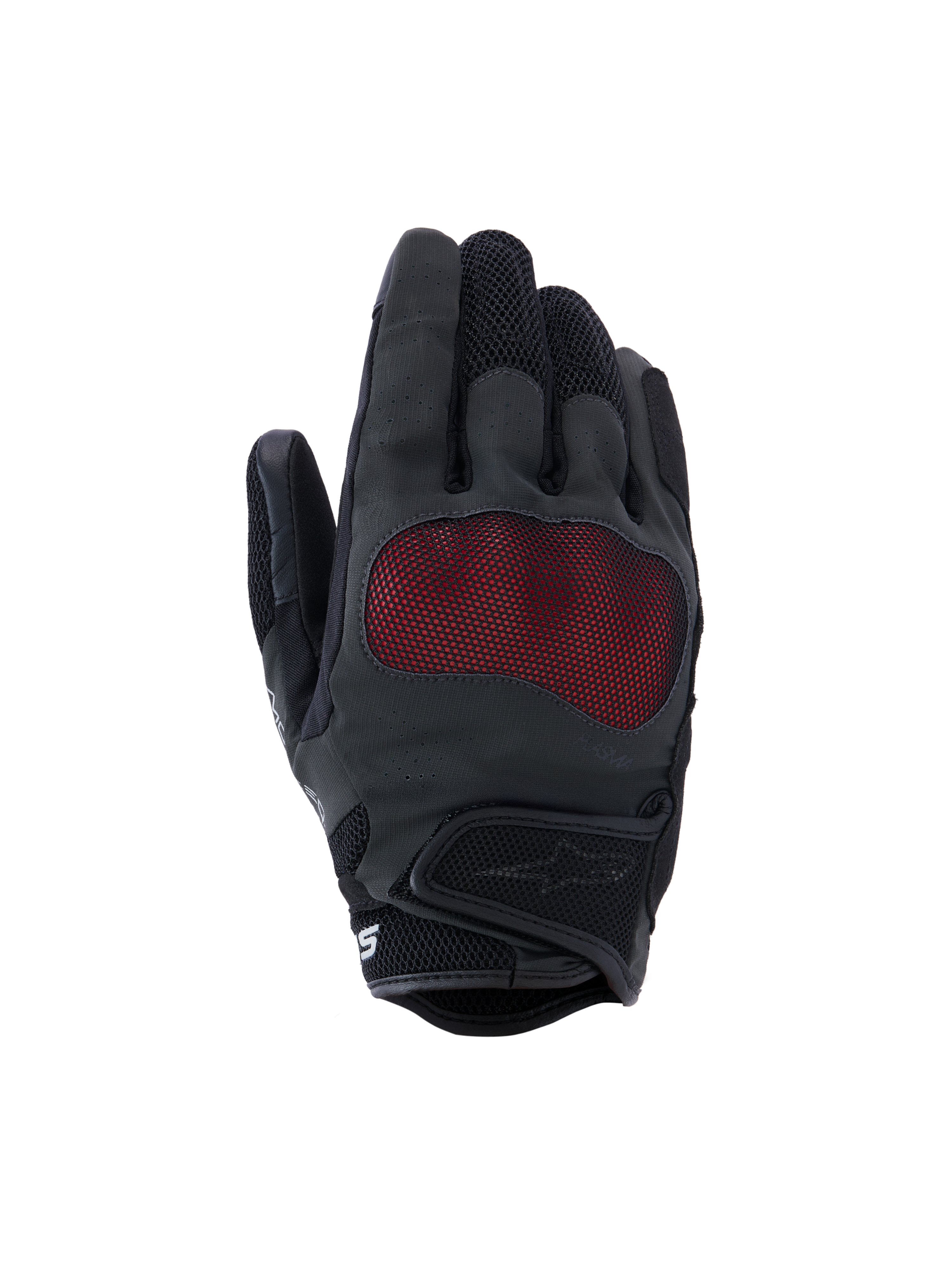 Alpinestars Stella Mogress Airflow-handskar, motorcykelhandskar för damer, antracitsvarta och röda, har NUCLEON PLASMA-knogskydd med rött mesh-överdrag, laserperforerad handrygg, 3D-mesh-insatser på fingrar och manschett, kort manschett med kardborrestängning, andningsbar design för stadskörning.